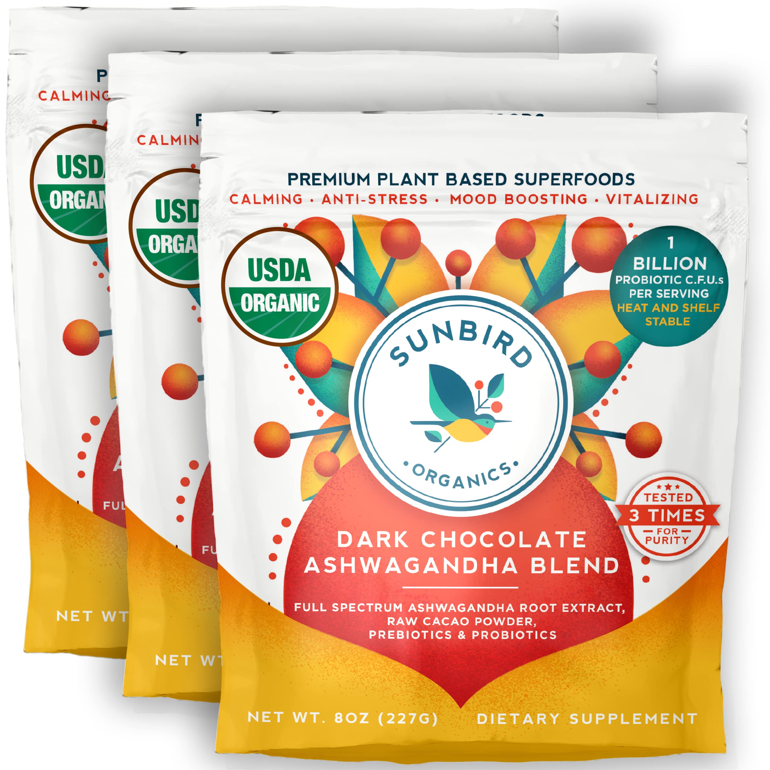 Organic Ashwagandha Chocolate Powder with Probiotics - Healthy Hot Cocoa & Smoothie Mix - Stress Relief & Focus Support - USA Made - 3 Pack - Perfect for Relaxation, Morning Energy & Post-Workout Recovery