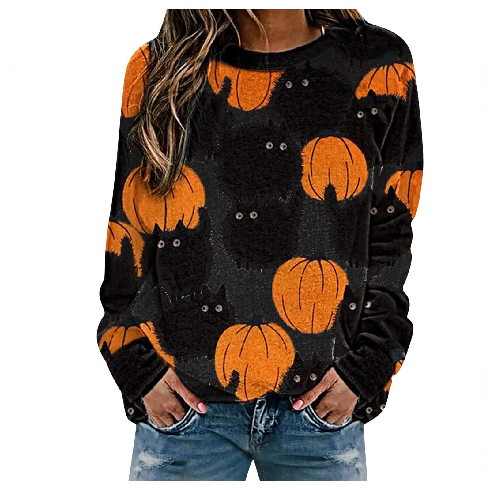 XTBFOOJ Women's Halloween Print Pullover Blouse - Casual Long Sleeve Sweatshirt for Summer & Fall | Perfect for Costume Parties, Pumpkin Picking & Seasonal Outfits