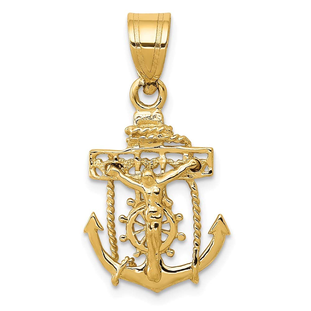 14K Solid Yellow Gold Anchor Mariners Cross Pendant Jesus Charm Necklace - 26mm x 14mm - Perfect for Religious Gifts, Sailor Jewelry & Nautical Fashion Accessories