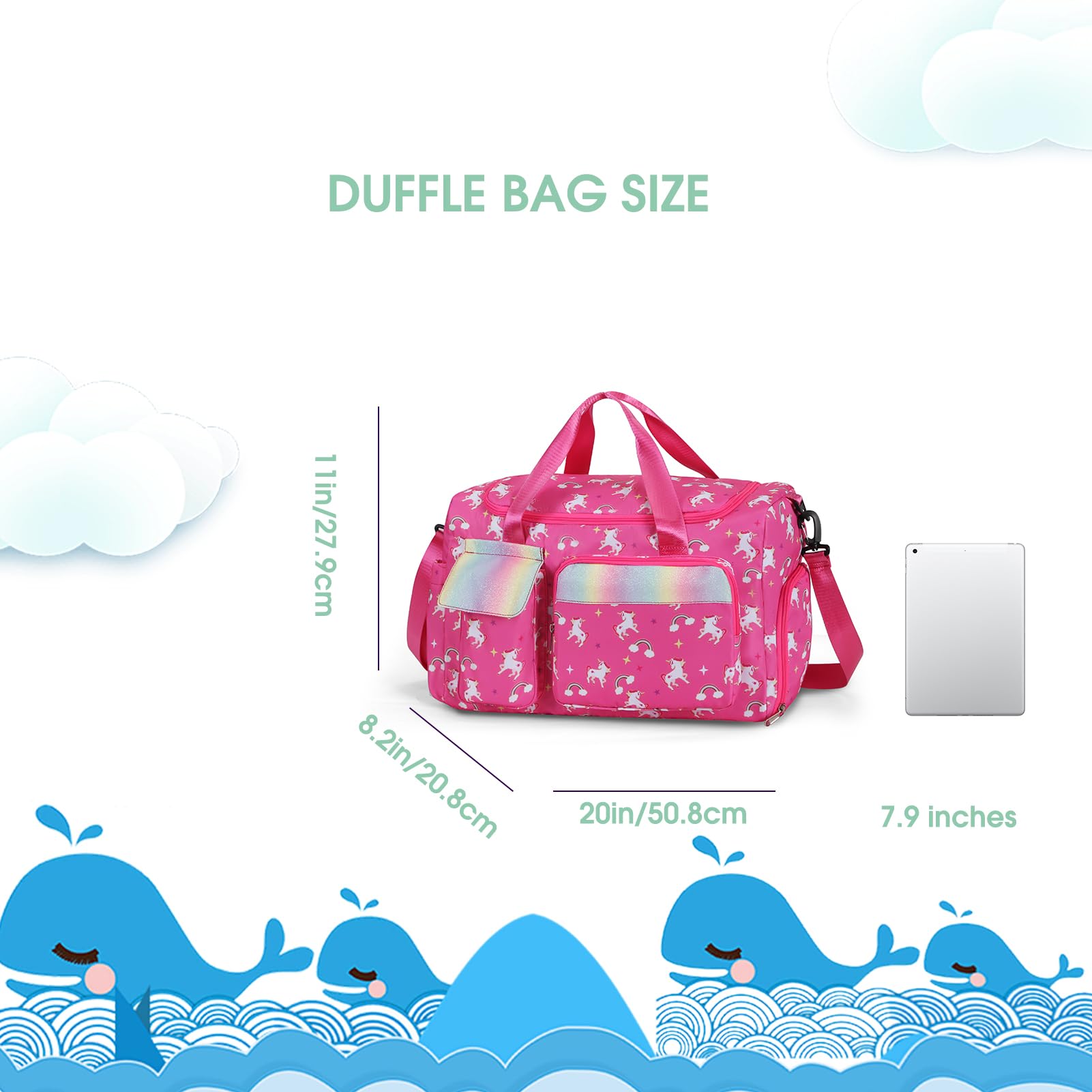 Unicorn Pink Kids Duffle Bag for Girls - Lightweight Travel & Dance Backpack with Separate Shoes Compartment - Perfect for Sleepovers, School Trips & Weekend Getaways