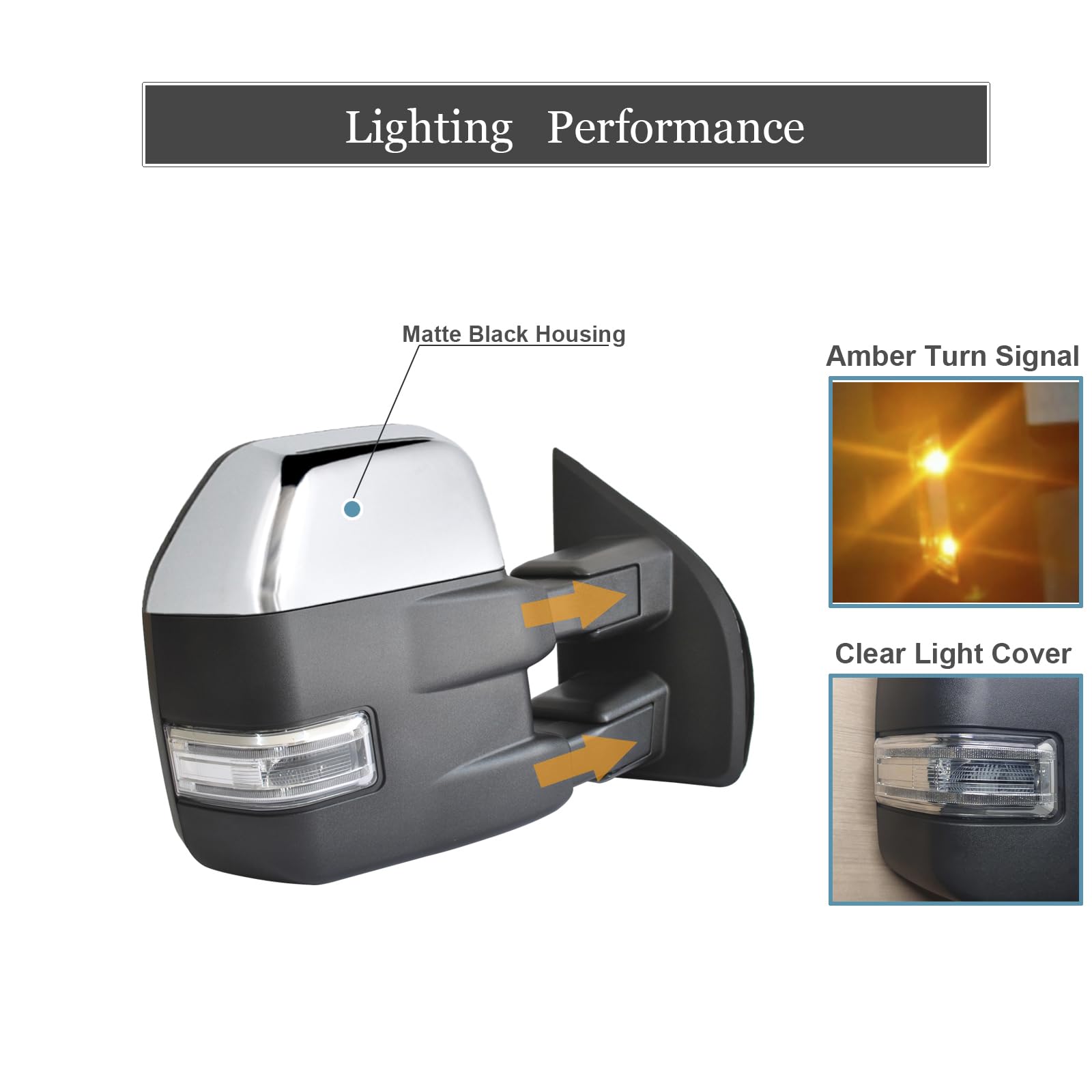 Heated Power Towing Mirrors for Ford F150 (2015-2020) - Chrome Cap, Turn Signal Lights & Temperature Sensor, 8-Pin Plug - Perfect for Towing Trailers, Campers & Heavy Loads