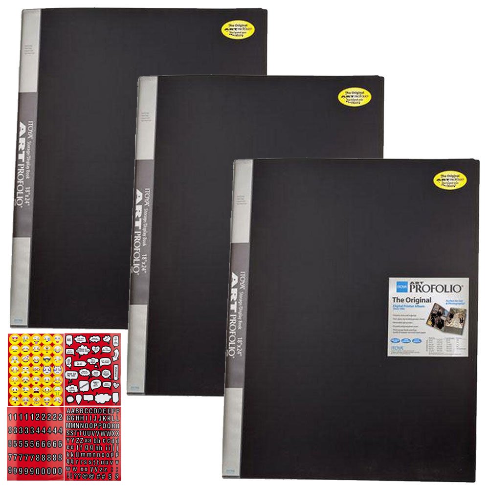 ITOYA 18x24 Inch Art Portfolio Presentation Book - Professional Display for Artwork, Photography, Documents - 3 Pack with Bonus Scrapbooking Stickers (Emojis, Quotes, Letters, Numbers) - Perfect for Artists, Photographers, Students & Office Use