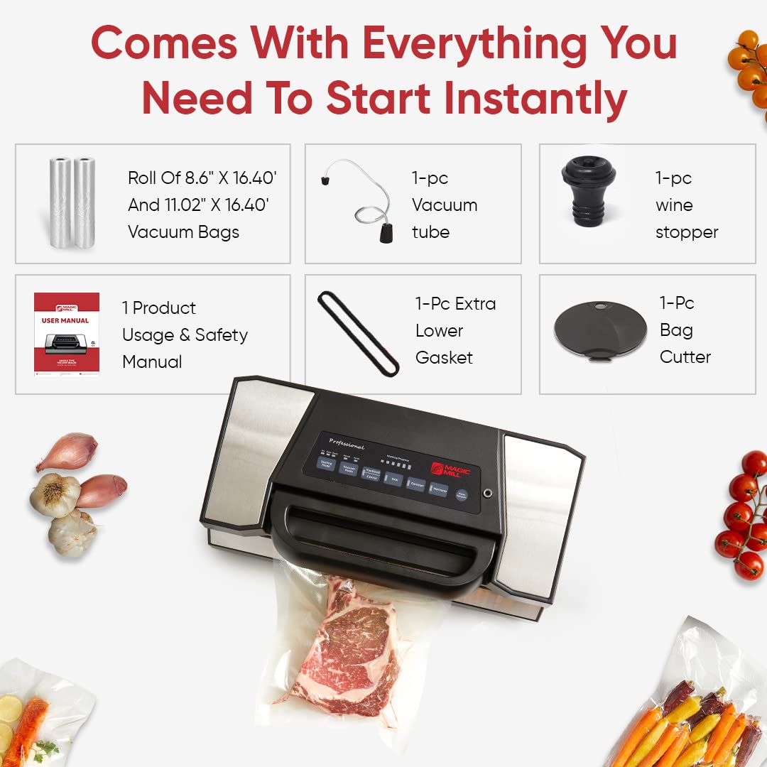 Magic Mill MVS-5181 Professional Vacuum Sealer Machine with Cutter & Jar Attachment | New Patent Handle for Food Bags, Marinate Bowls & Meal Prep Containers | Perfect for Home Kitchen, Meal Prepping & Food Storage