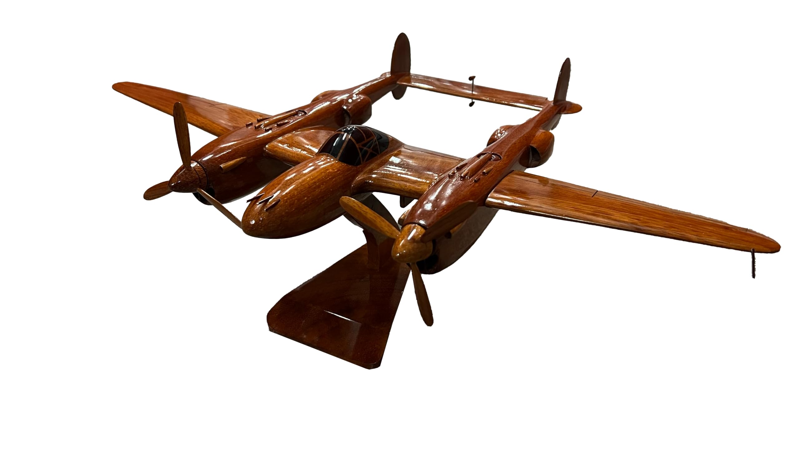 P38 Lightning WWII Fighter Plane Model - Handcrafted Mahogany Wood Desktop Display - Perfect for Aviation Enthusiasts, Office Decor & Military History Collectors