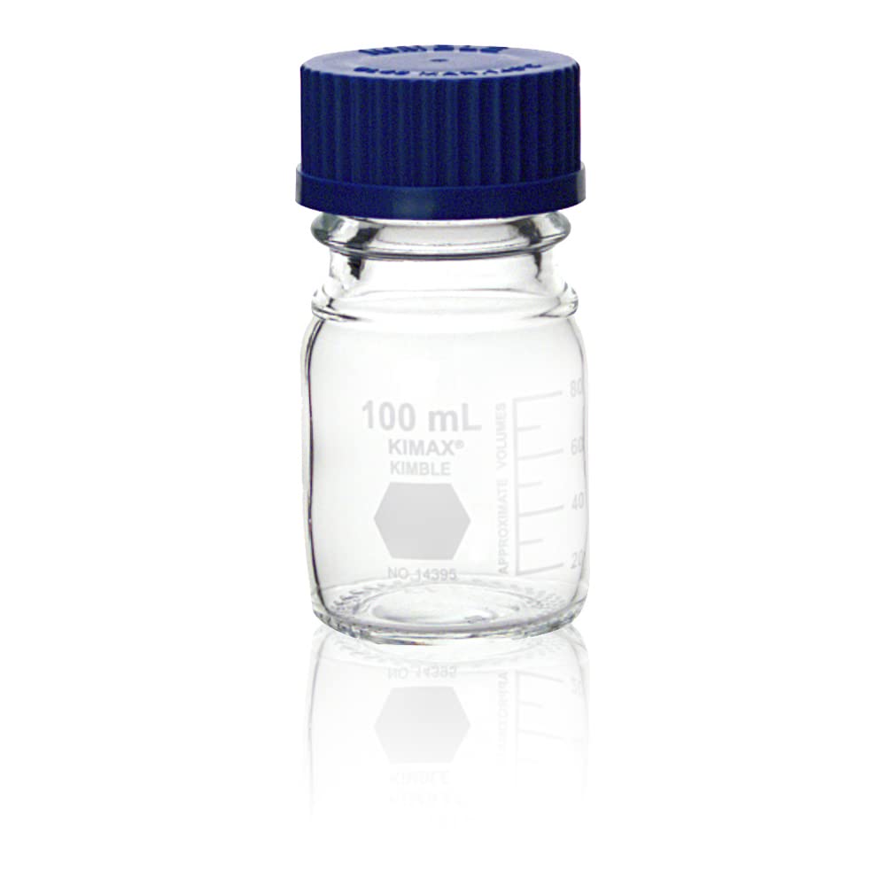 Kimble 14395-100 Borosilicate Glass GL-45 Media/Storage Bottle with Blue Polypropylene Screw Cap - 100mL (Pack of 10) - Ideal for Laboratory, Chemical Storage & Scientific Research Applications
