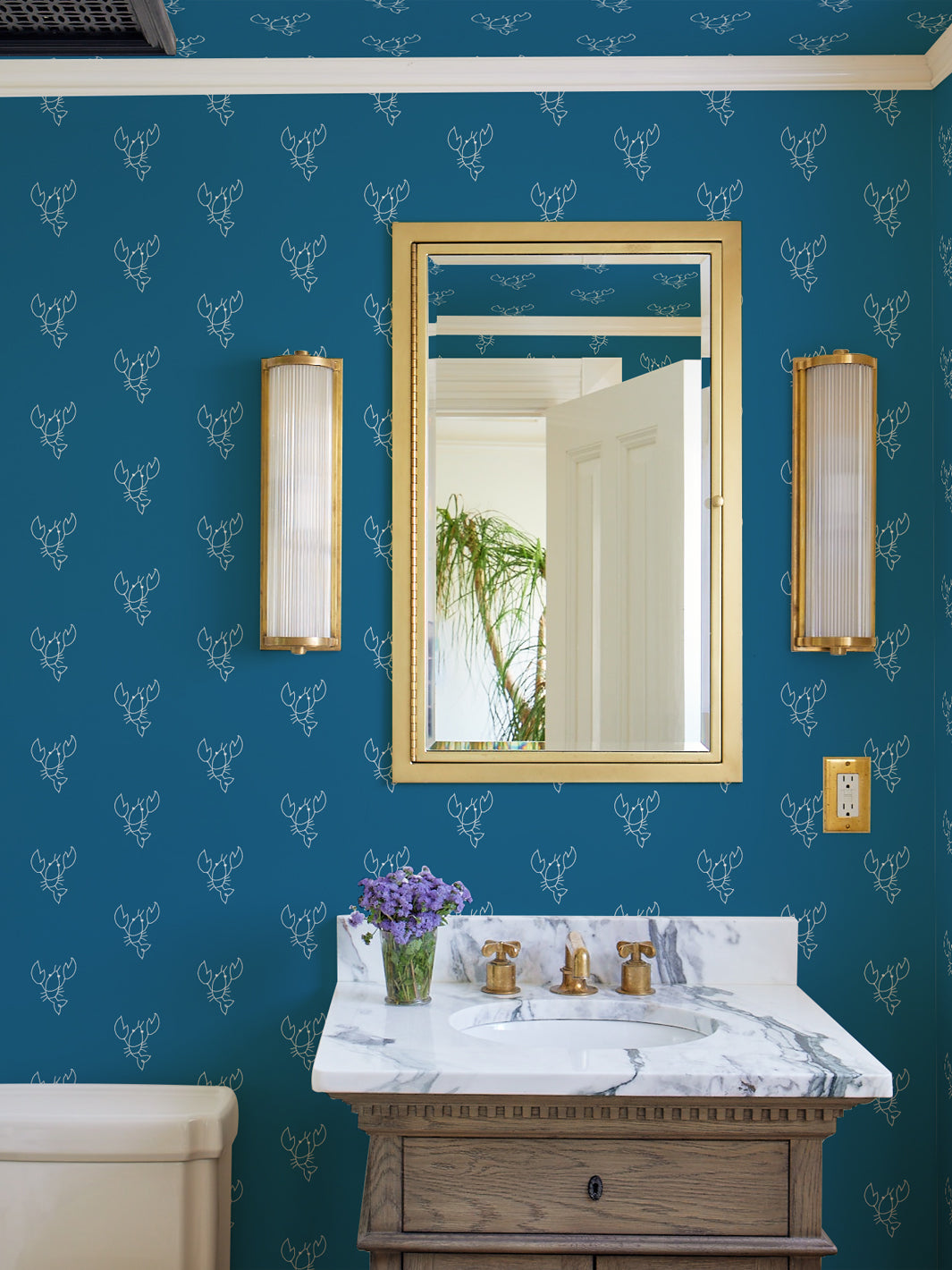 Lobsters Wallpaper by Lingua Franca in Cadet Blue - Vintage Coastal Decor for Living Room, Bedroom & Bathroom