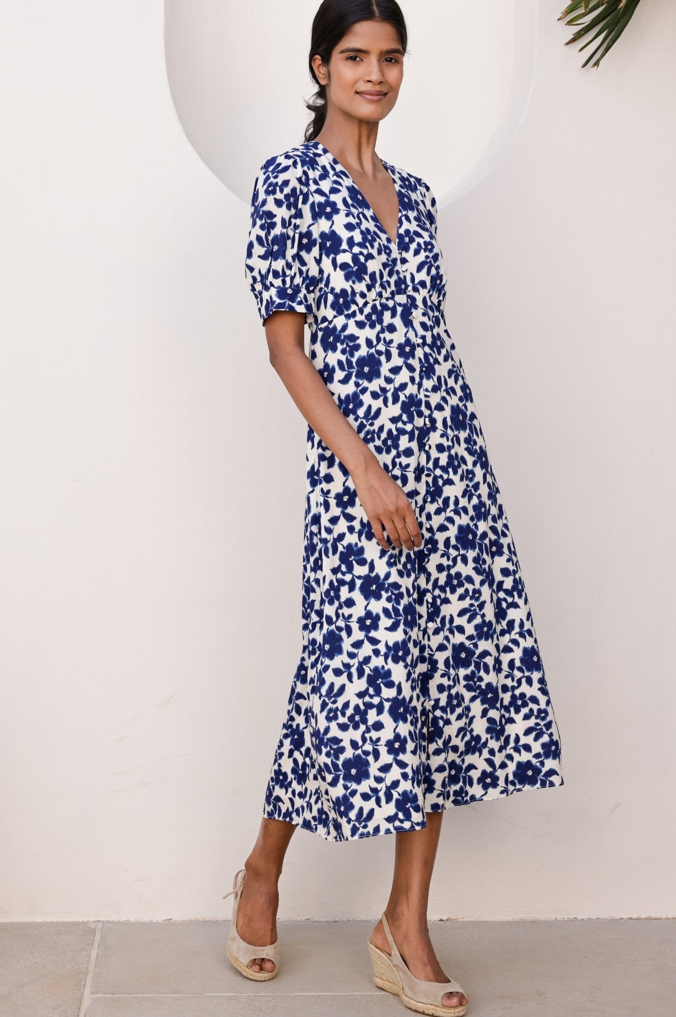 Anne Tea EcoVero™ Floral Print Wrap Dress - Blossom Cream & Navy Blue | Sustainable Viscose Women's Fashion | Perfect for Summer Weddings & Garden Parties