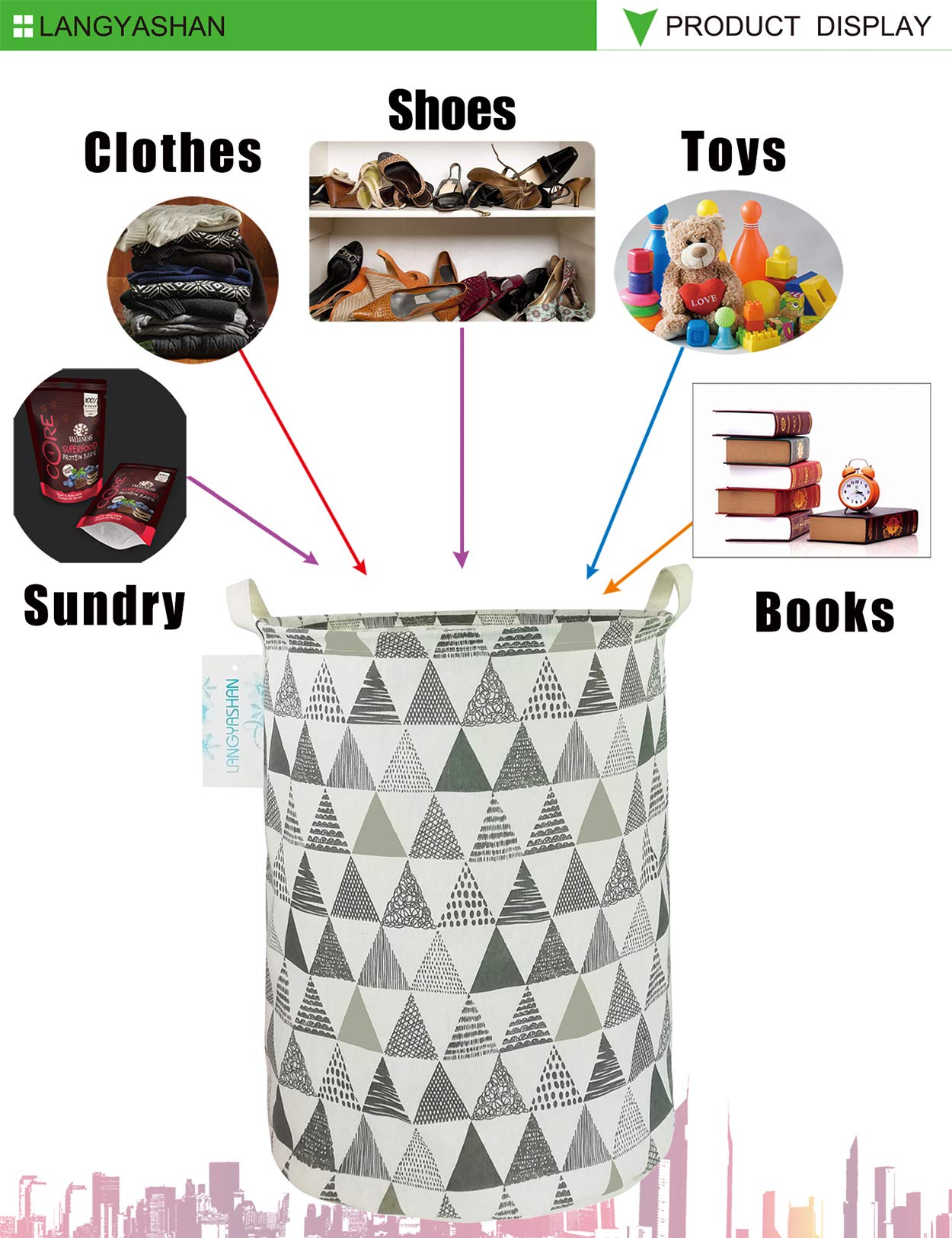 Collapsible Canvas Laundry Basket - Foldable Storage Bin for Clothes, Toys & Organizing | Nursery Hamper, Bedroom Organizer & Gift Basket | Perfect for Kids Room, Dorm & Home Use (Grey Triangle)