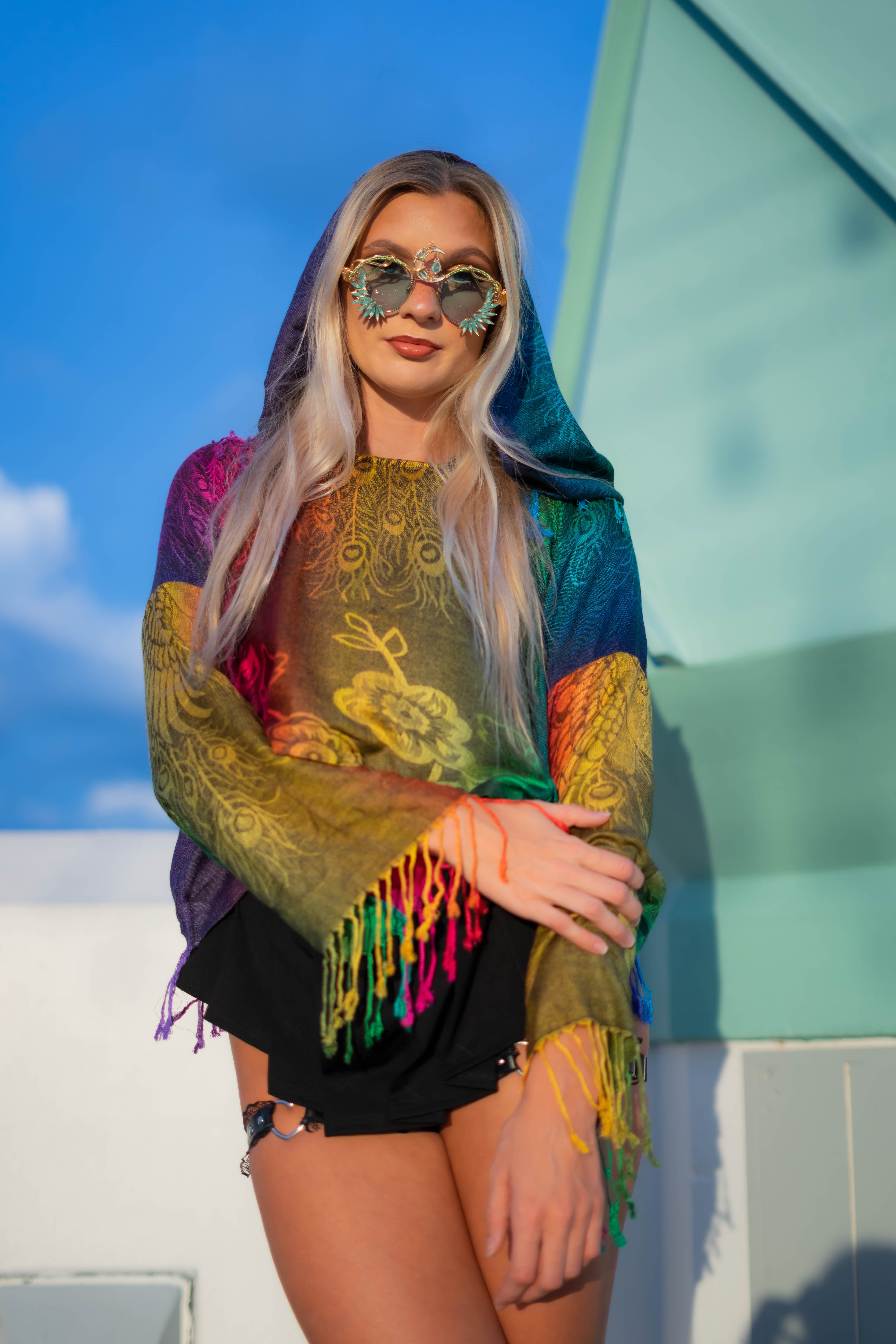 PASH LS Crop Top - Rainbow Feathers Print | Trendy Long Sleeve Cropped Shirt for Women | Perfect for Music Festivals, Parties & Casual Outfits