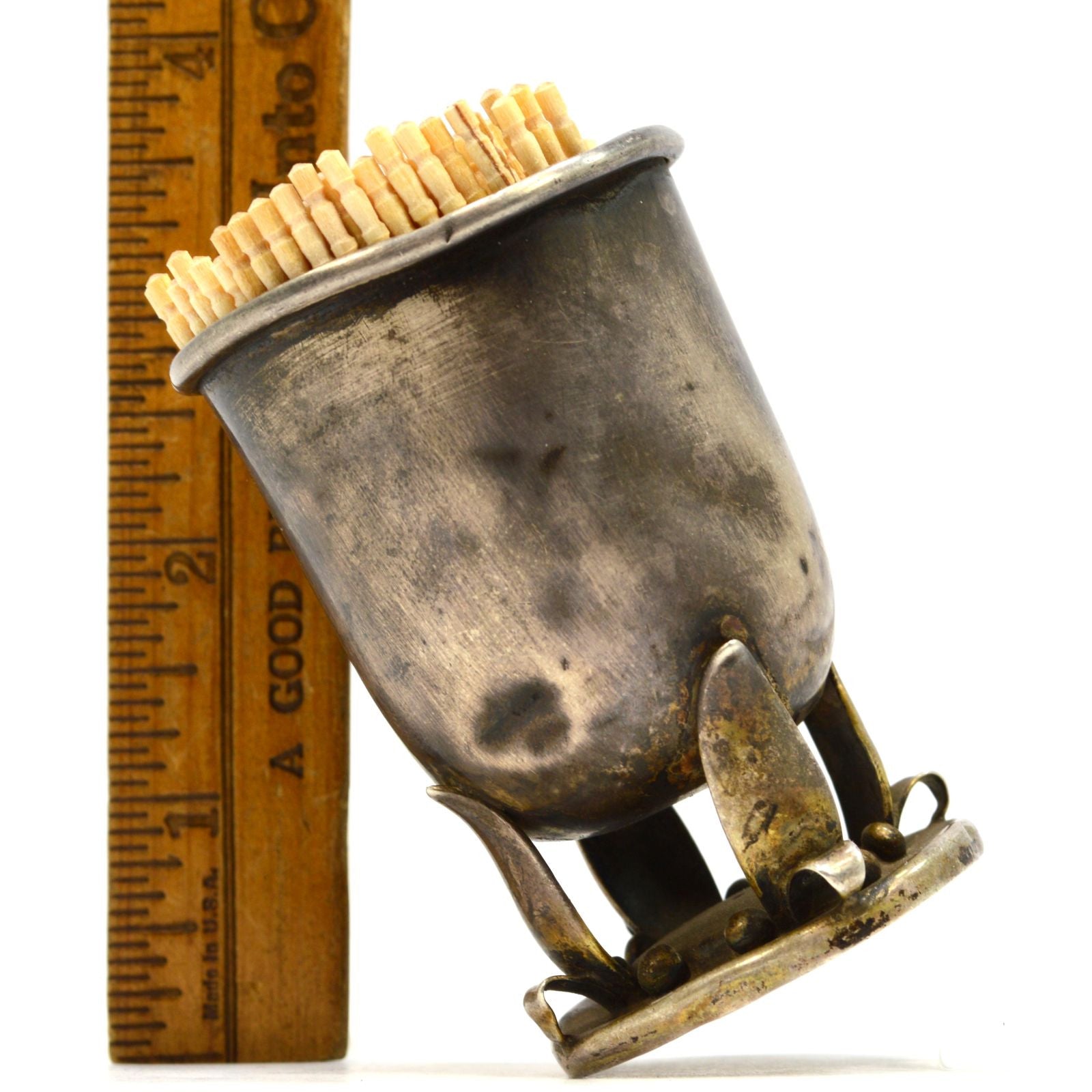 Antique Sterling Silver Toothpick Holder - Handmade & Signed - 61.5 Grams with Crude Patina - Perfect for Vintage Tableware & Collectible Home Decor