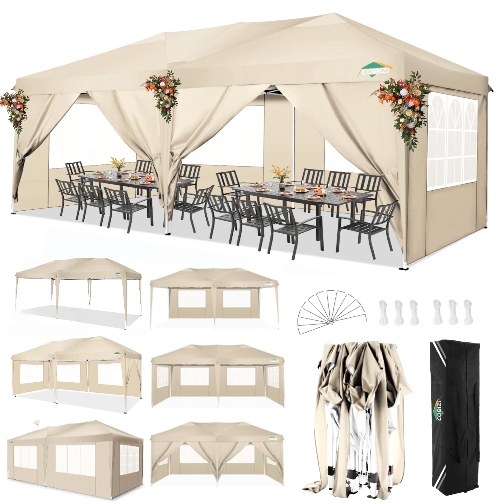 COBIZI 10x20 Pop Up Canopy Tent with 6 Sidewalls - Waterproof Instant Shelter, UPF 50+ Sun Protection, Portable Gazebo for Outdoor Events, Beach Camping, Weddings & Commercial Use - Easy Setup Khaki Canopy