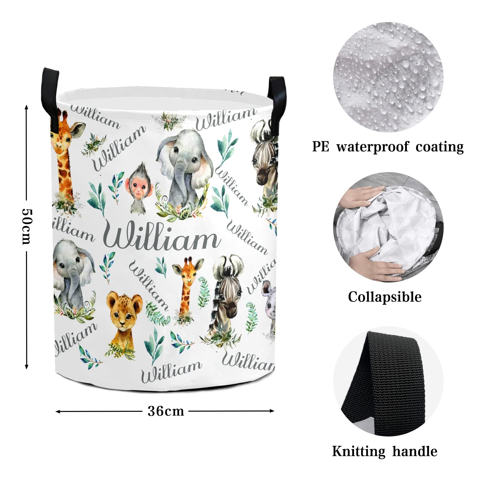 Personalized Safari Animal Laundry Hamper - Waterproof Collapsible Storage Bin with Drawstring & Handle for Clothes & Toys (50cm x 36cm) | Kids' Room Decor, Nursery Organization & Playroom Storage