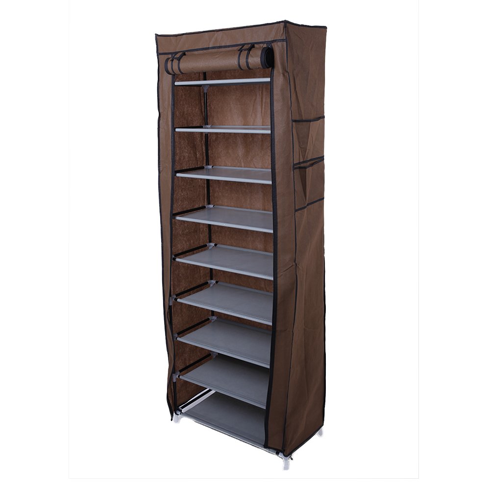 10-Tier Shoe Rack Organizer with Dustproof Cover - Sturdy 27-Pair Shoe Storage Cabinet for Bedroom, Closet & Entryway | Space-Saving Shoe Tower for Dorms, Apartments & Small Spaces (Coffee Brown)