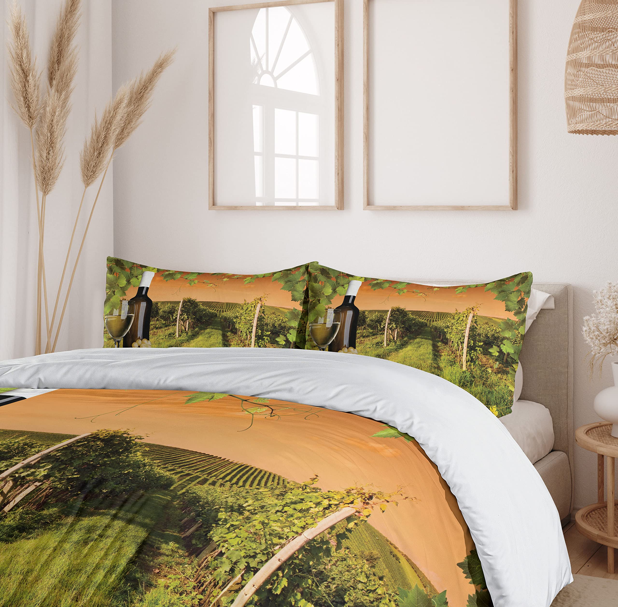 Ambesonne Winery Duvet Cover Set - Wine Bottle & Glass with Sunset Vineyard Countryside Design, Romantic 3-Piece Bedding Set with 2 Pillow Shams, California King Size in Green & Orange - Perfect for Wine Lovers' Bedrooms & Vineyard-Themed Home Decor