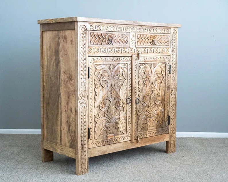 Hand Carved Indian Wooden Sideboard | Small Cabinet for Living Room, Dining Room & Bedroom Storage | Traditional Home Decor
