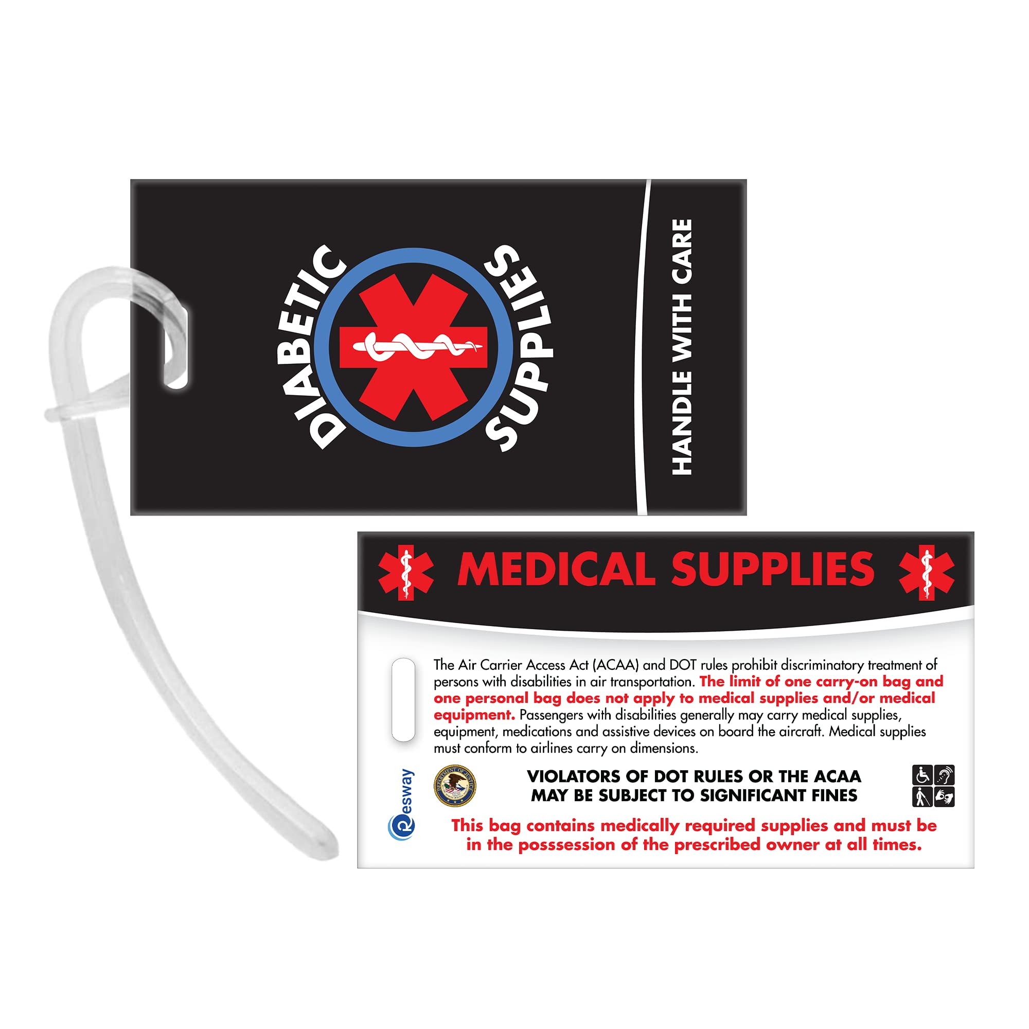 Diabetic Medical Alert ID Luggage Tag - Black Insulin Equipment Handle with Care - Perfect for Travel, Hospital Visits & Emergency Identification