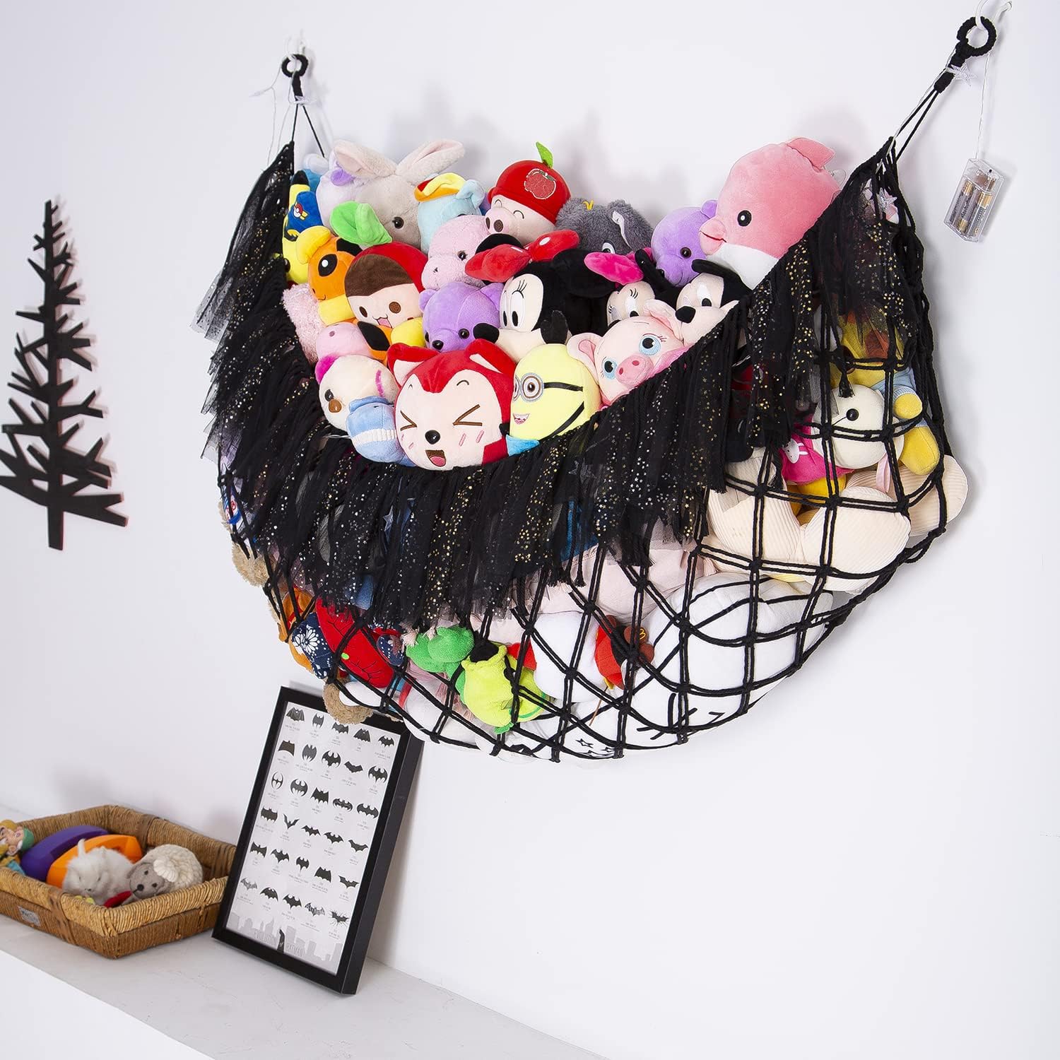 Large Stuffed Animal Hammock with LED Lights - Wall Mounted Plush Toy Organizer for Squishmallows, Boho Macrame Corner Hanging Net - Nursery, Bedroom & Playroom Storage Decor (Black) - Perfect for Kids' Room Organization & Cozy Plushie Display