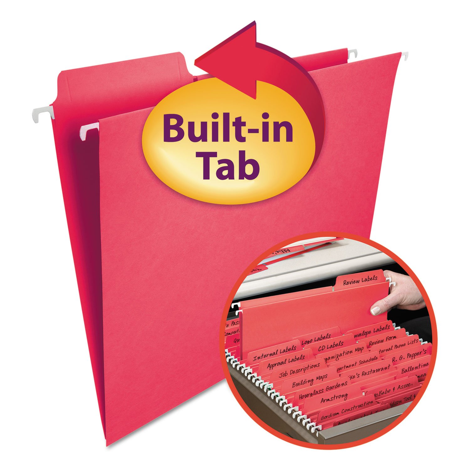 Smead 64096 FasTab Hanging File Folders - Letter Size, Red, 20/Box - Perfect for Office Organization, Filing Cabinets & Document Storage