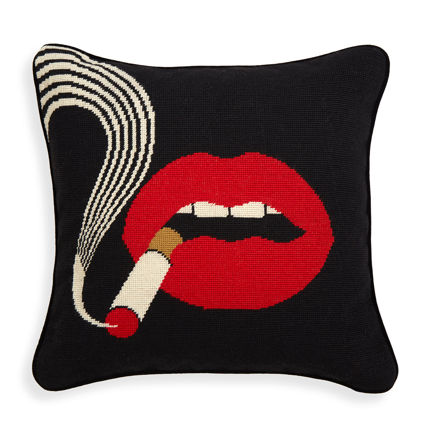 Lips Smolder Needlepoint Throw Pillow - Embroidered Home Decor Cushion for Sofa, Bed & Living Room - Perfect for Bohemian & Vintage Style Interiors