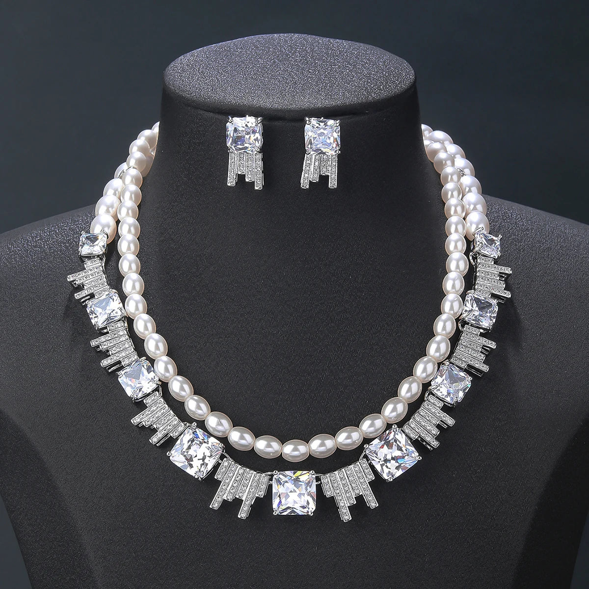 Luxury Cubic Zirconia Pearl Two Layer Necklace and Earrings Set for Women - Elegant Wedding Bridal Jewelry, Perfect for Bridesmaid Gifts & Special Occasions | CN10806A
