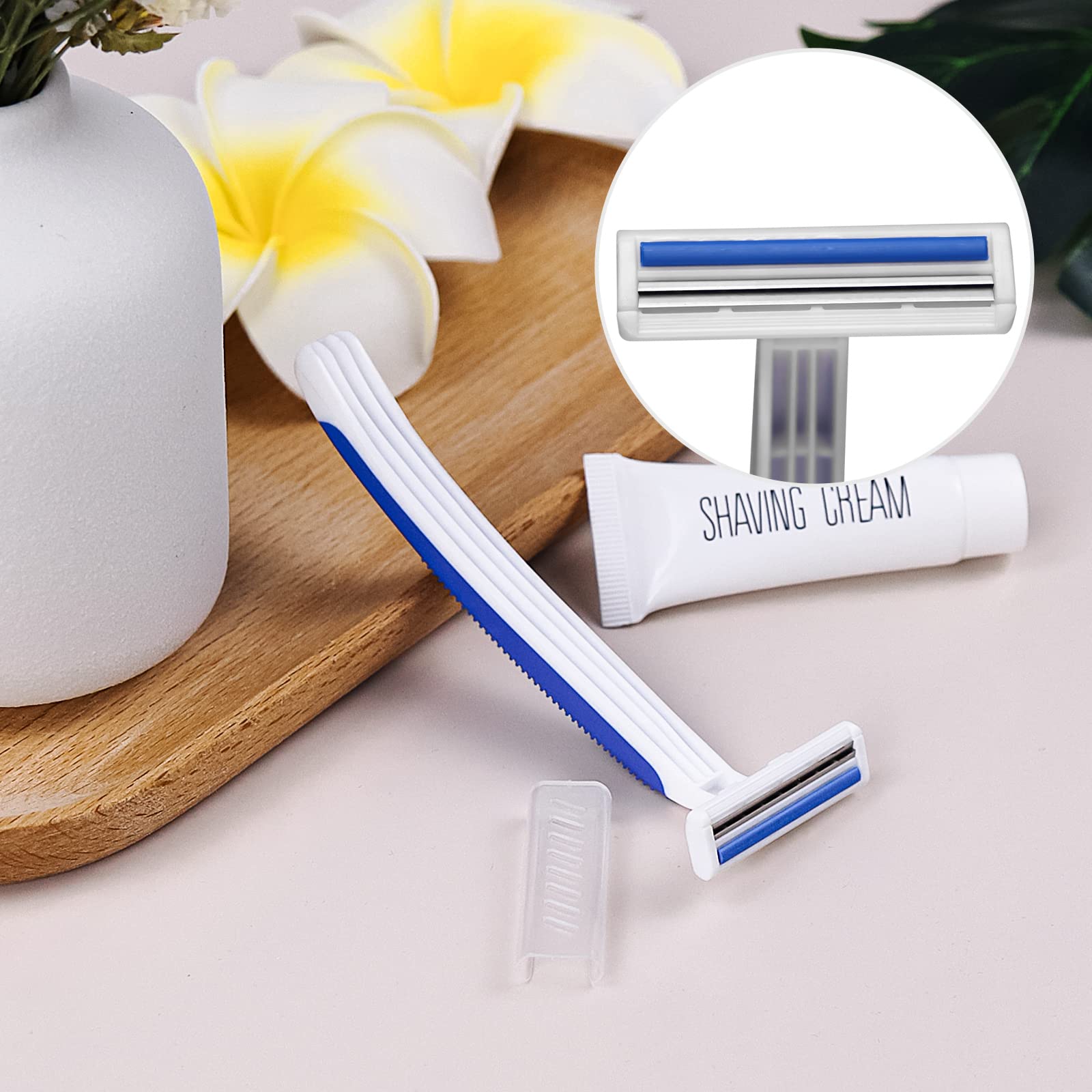Bulk Disposable Twin Blade Razors - 100 Individually Wrapped Razors with Clear Safety Cap & Shaving Cream | Perfect for Hotels, Airbnbs, Shelters, Travel & Personal Use