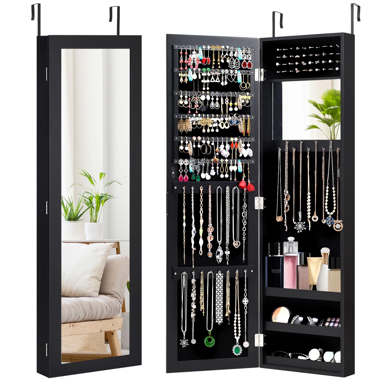 HAPPYGRILL Jewelry Armoire Organizer - Full-Length Mirror & Makeup Mirror, Earring Shelves, Ring Slots, 25 Necklace & Bracelet Hooks - Wall Mounted Jewelry Cabinet (Black) - Perfect for Bedroom, Closet & Dressing Room Organization