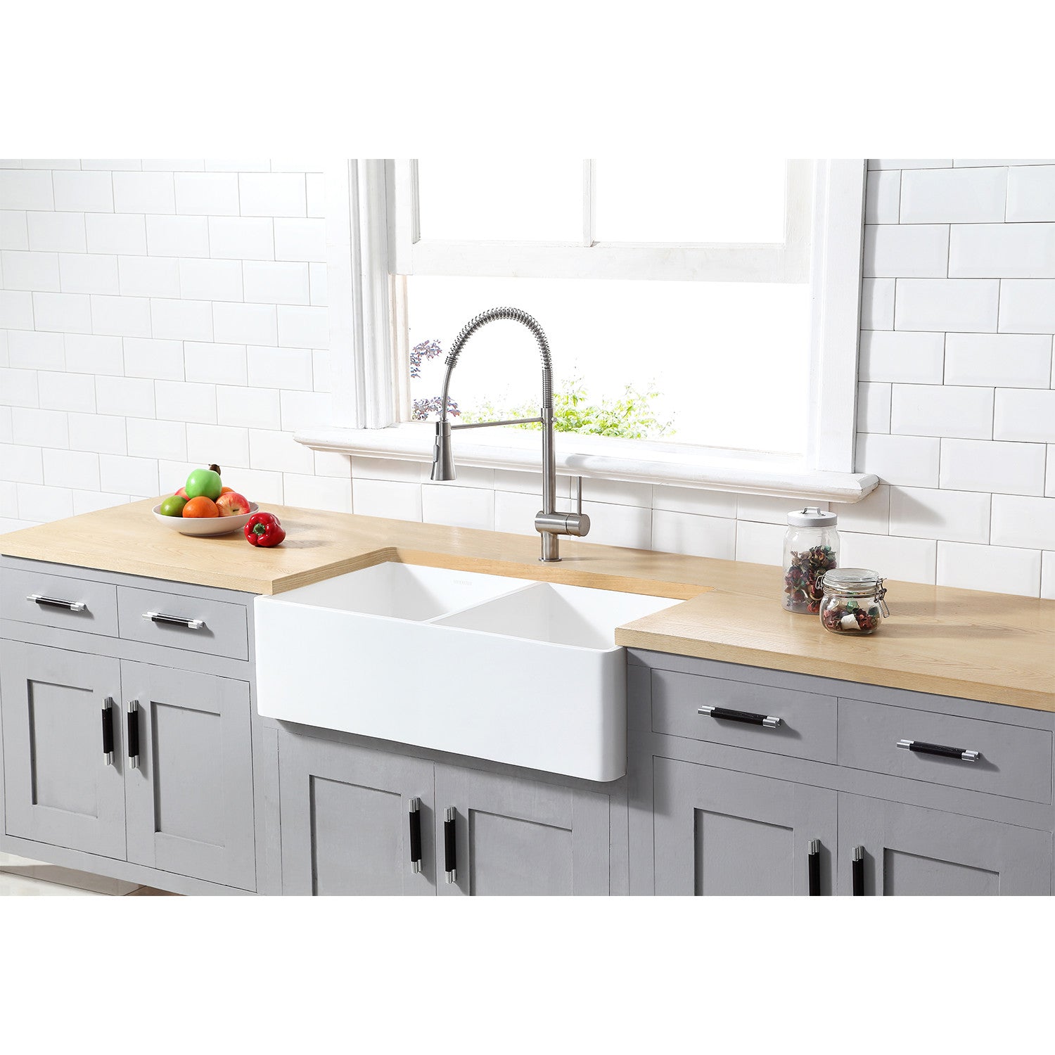 Arcticstone 33 Inch White Farmhouse Kitchen Sink - Double Bowl Matte White Solid Surface Apron Front Sink with 2 Strainers | Perfect for Modern Farmhouse, Rustic & Traditional Kitchen Designs