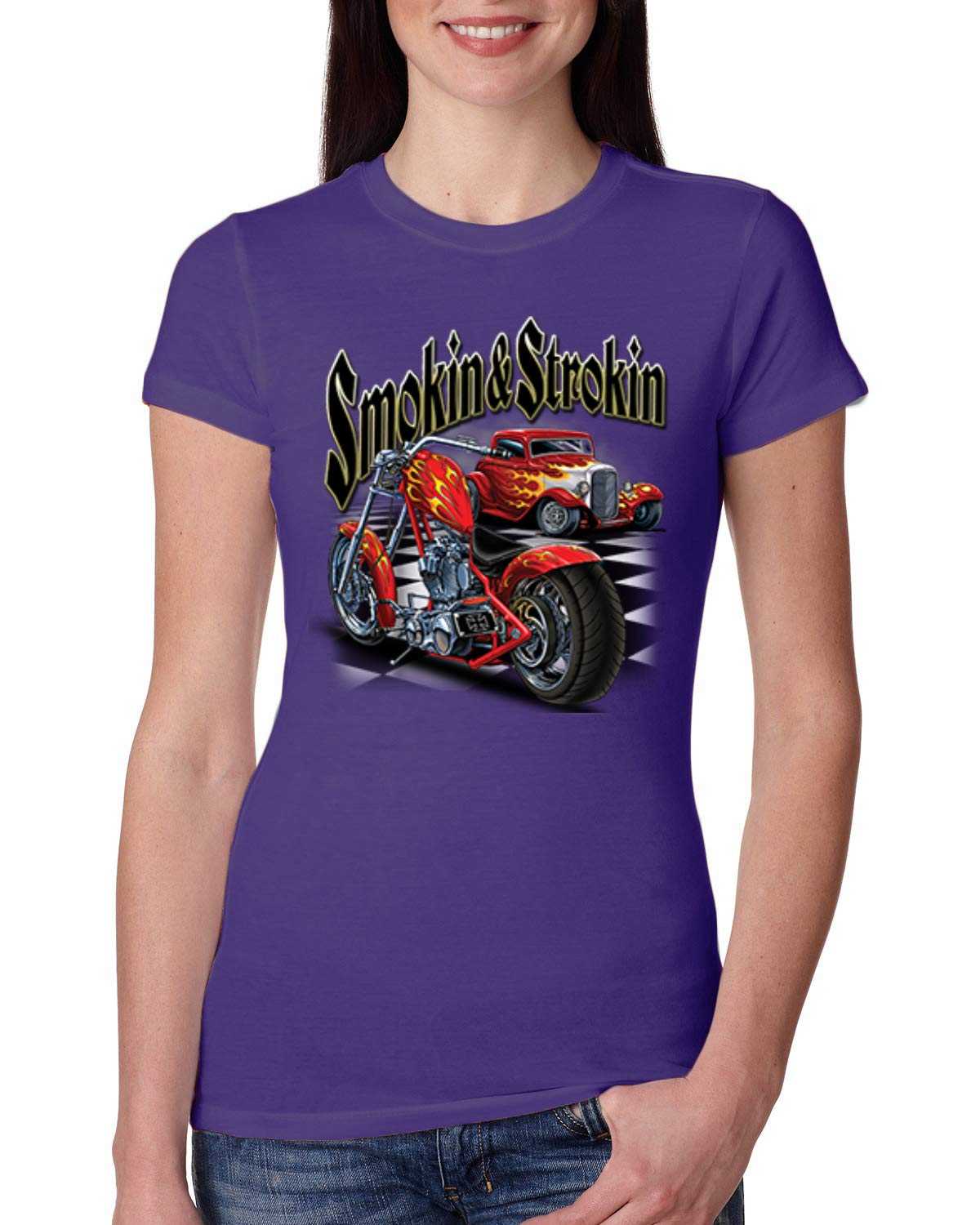 Vintage Red Hot Rod & Motorcycle Slim Fit Junior Tee for Women - Retro Car & Bike Lover's T-Shirt - Perfect for Casual Wear, Biker Events & Car Shows