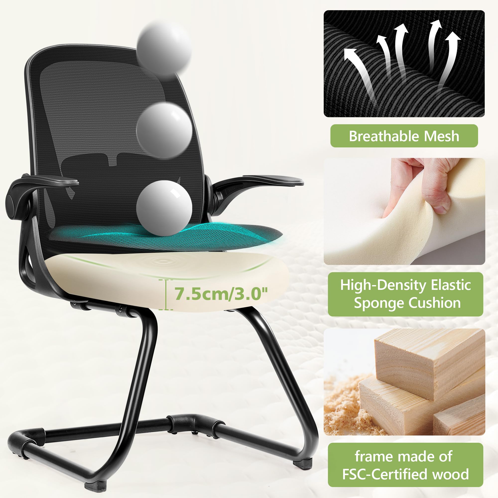 Primy Waiting Room Chairs - Flip-Up Armrests & Adjustable Lumbar Support - Breathable Mesh Office Guest Chairs for Reception, Conference Rooms & Elderly Use - Black Stationary Desk Chair Without Wheels - Perfect for Clinics, Hospitals, and Corporate Lobbies