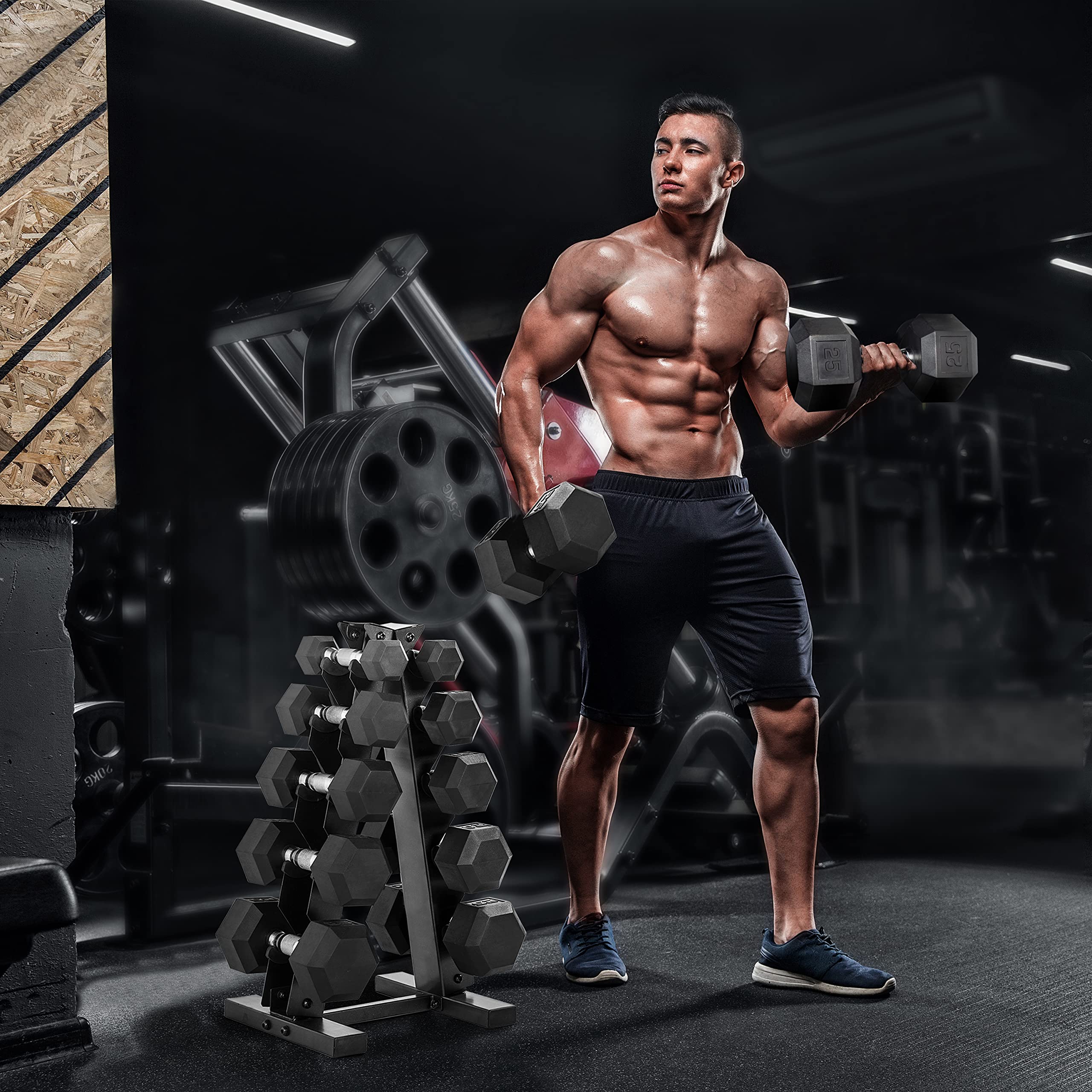CAPHAUS 5-25 lb Adjustable Dumbbell Set with A-Frame Storage Rack - Solid Hexagon Free Weights for Home Gym, Strength Training - Cast Iron Rubber Coated Weights for Men & Women - Perfect for Small Spaces, Apartment Workouts & Weight Lifting Training