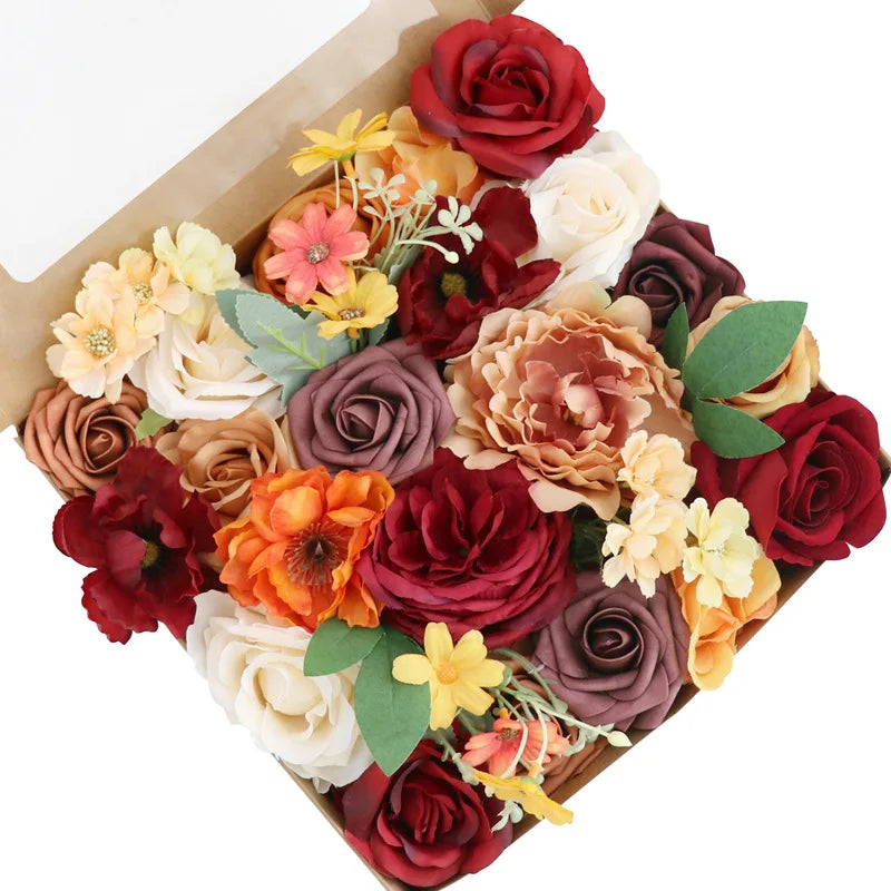 Yannew Burnt Orange Artificial Roses Combo Box - 24pcs Real Touch Silk Flowers for DIY Fall Wedding Bouquets, Boho Home Decor, Table Centerpieces & Seasonal Arrangements