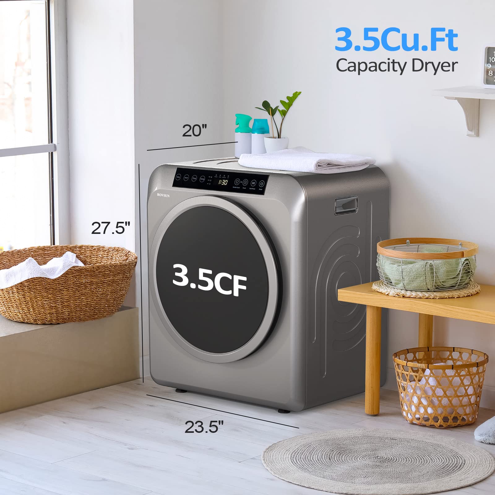 ROVSUN 13.2LB Portable Clothes Dryer - 3.5 Cu.Ft Front Load Tumble Dryer with LCD Touch Screen & Stainless Steel Tub - Compact Laundry Solution for Apartments, Homes, Dorms (110V, Luxury Grey) - Perfect for Small Spaces, Quick Drying & Energy Saving