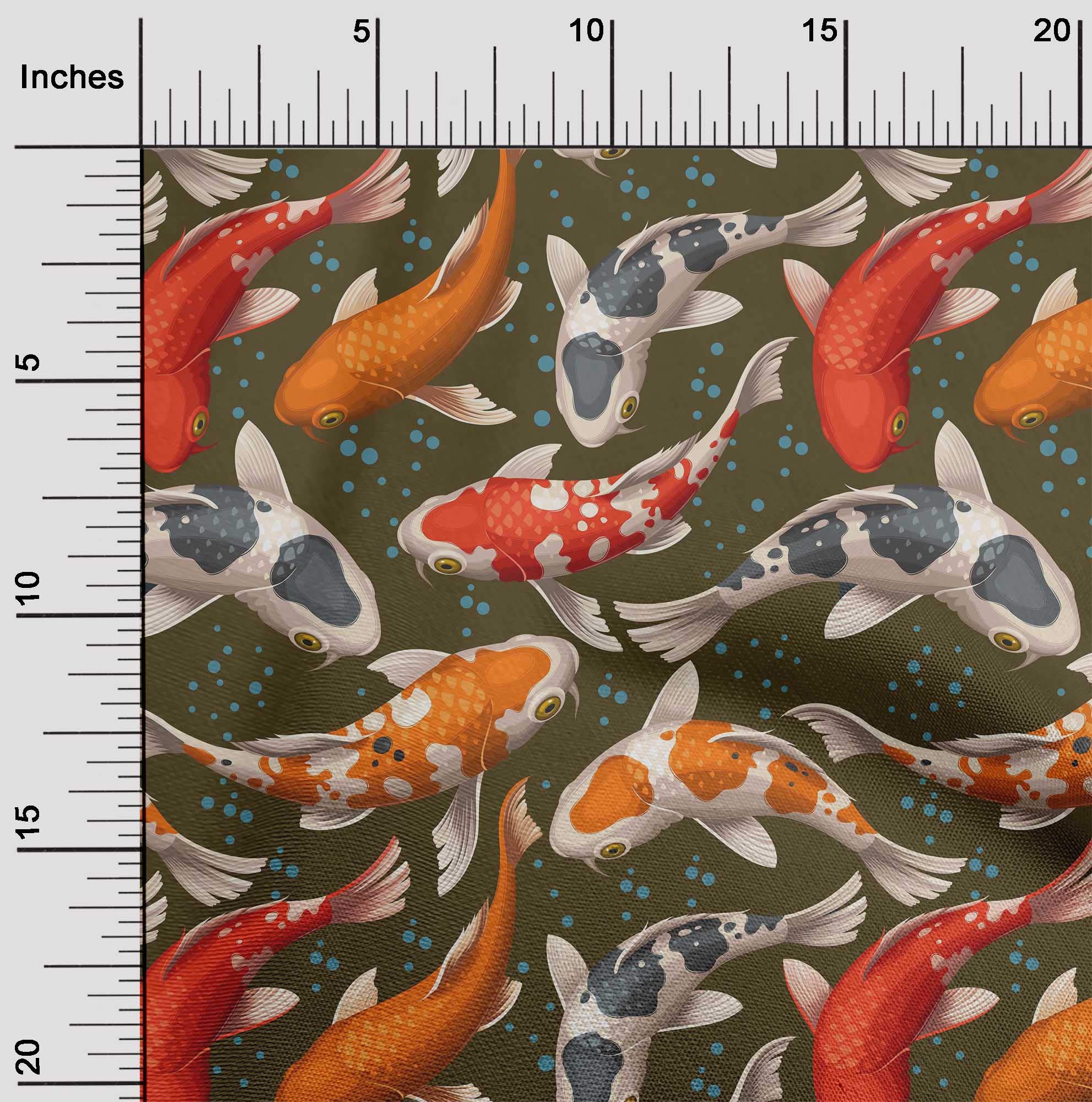oneOone Cotton Cambric Dark Olive Green Fabric with Bubbles & Koi Fish Ocean Print - 56 Inch Wide DIY Sewing Material for Clothing, Quilting, and Home Decor Projects