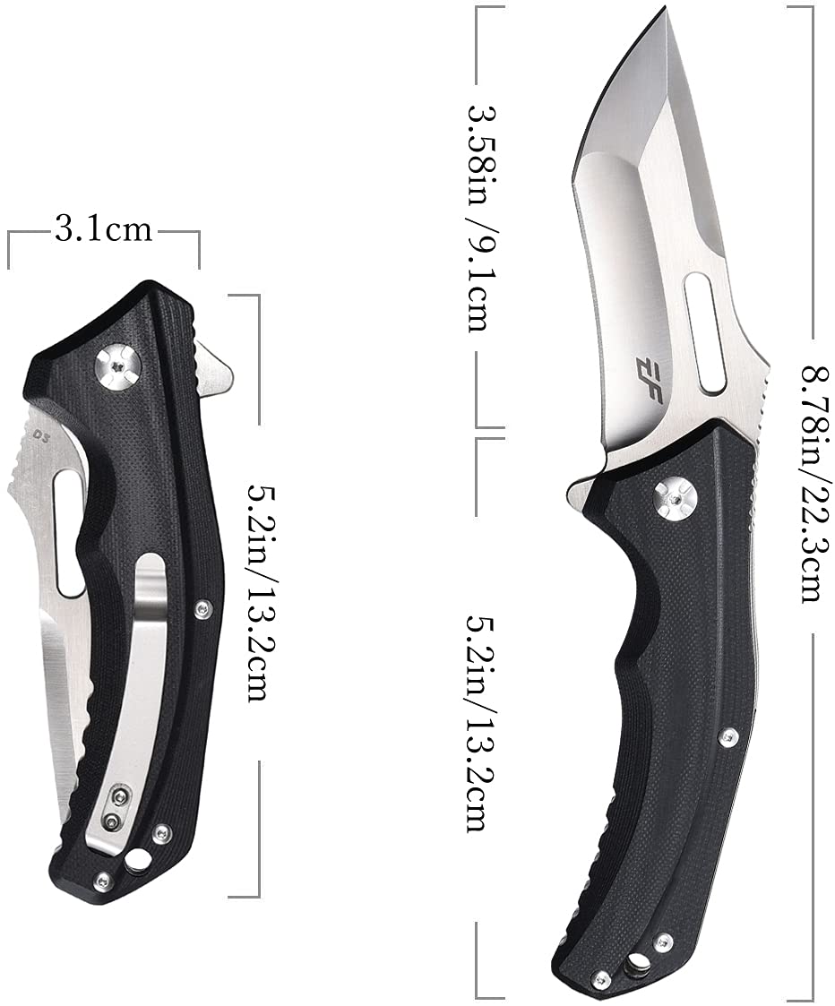 Eafengrow EF908 Tactical Folding Pocket Knife - D2 Steel Blade with Titanium Coating, G10 Handle, Liner Lock & Pocket Clip - Perfect for Camping, Survival, Hiking & Outdoor Adventures (Black)