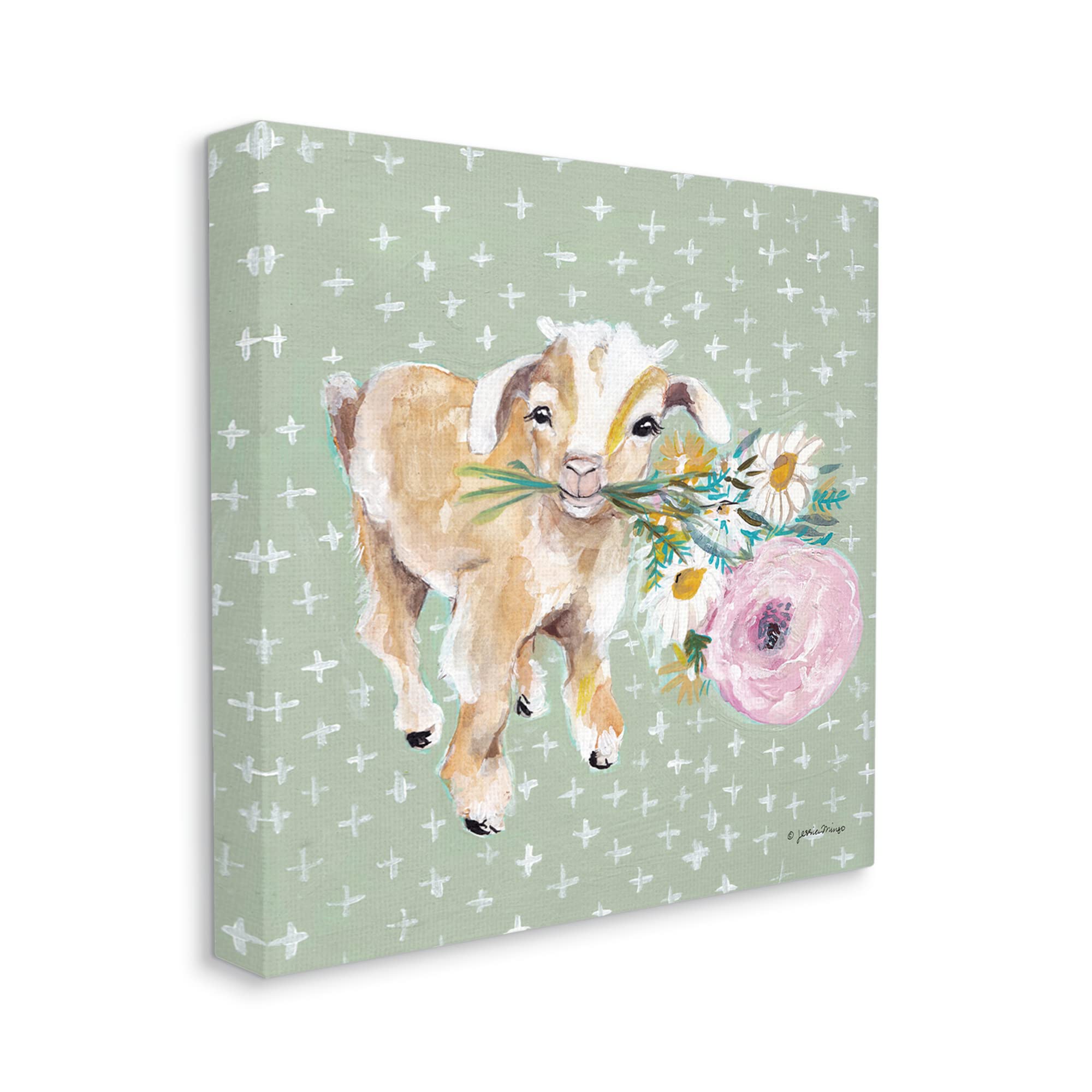 Stupell Industries Attentive Buckling Goat Offering Flowers Framed Wall Art - Whimsical Farmhouse Decor by Jessica Mingo - Perfect for Nursery, Living Room or Country Style Home Decor