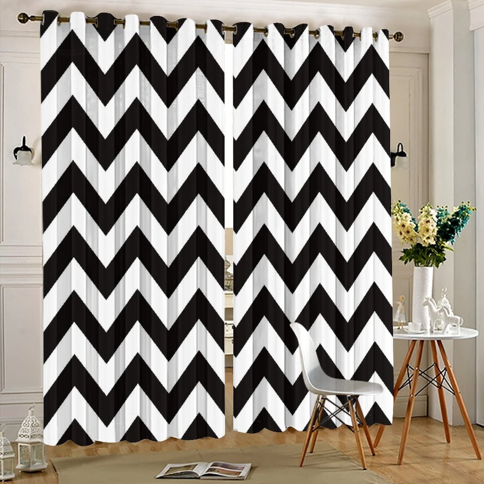 Black & White Chevron Blackout Curtains - Thermal Insulated Room Darkening Grommet Panels for Bedroom & Living Room (2 Panels, 63
