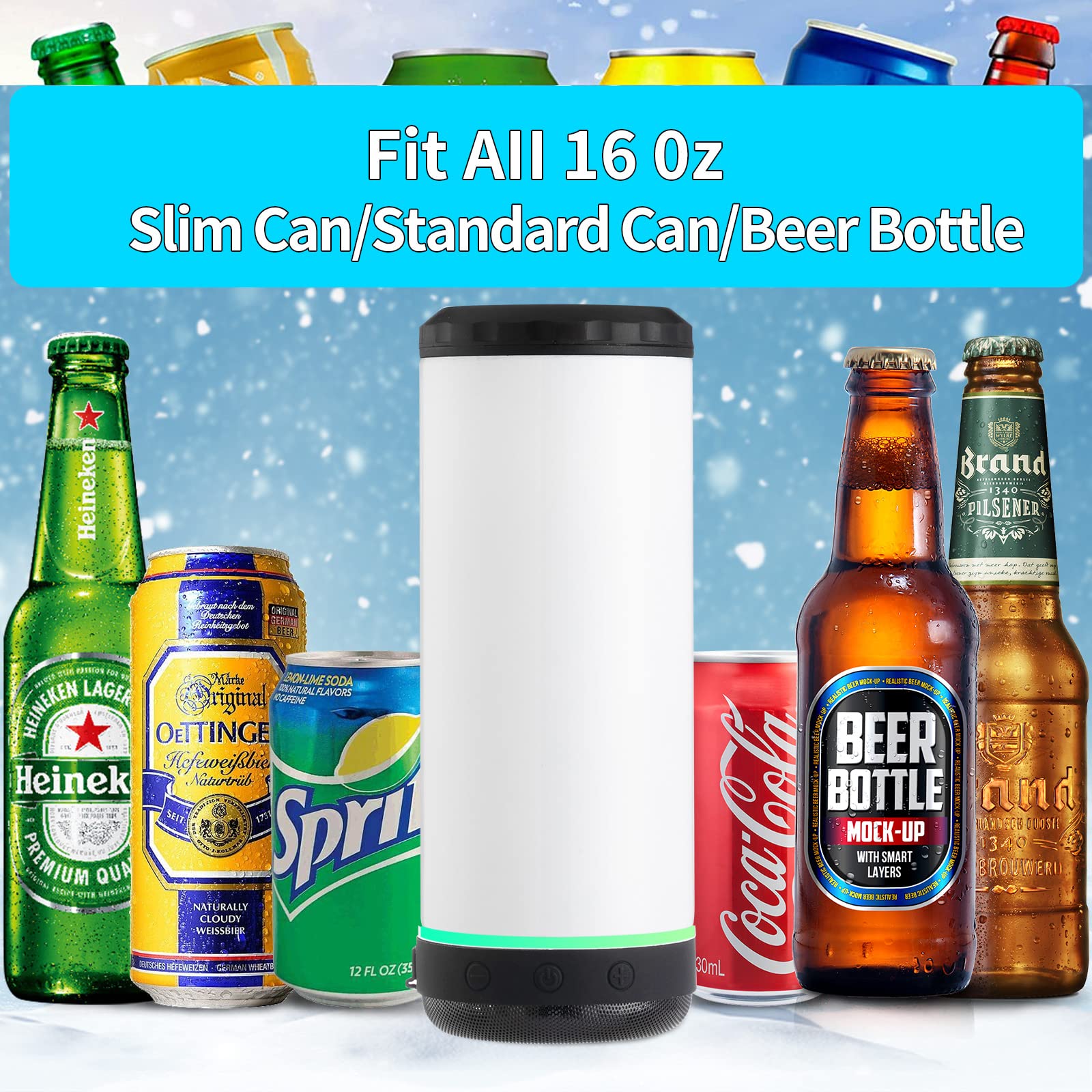 INSTOME 4-in-1 Sublimation Can Cooler with Bluetooth Speaker - 16oz Insulated Beer Can Holder with Detachable LED Light - Perfect for Summer Beach Parties, Camping & Outdoor Events (Black)