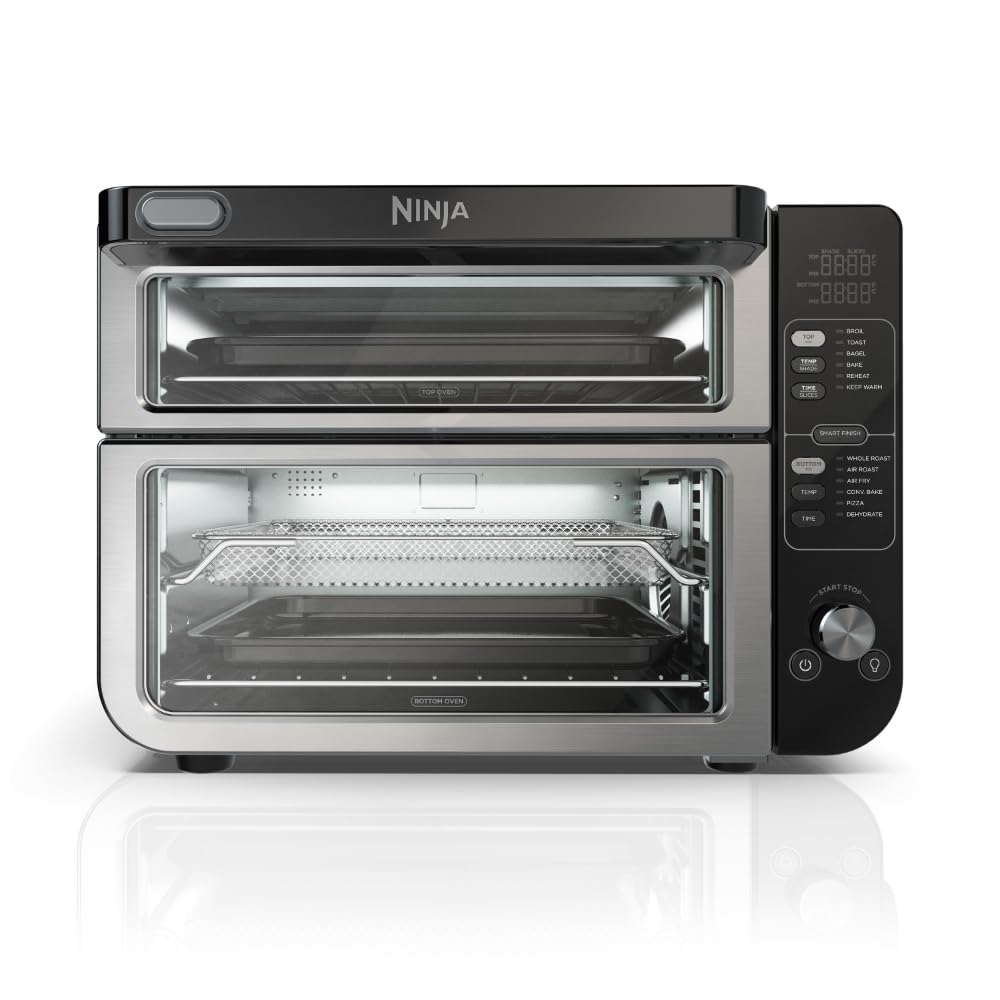 Ninja DCT401 12-in-1 Double Oven with FlexDoor, FlavorSeal & Smart Finish - Rapid Convection Top & Air Fry Bottom - Bake, Roast, Toast, Air Fry, Pizza - Stainless Steel Countertop Oven for Home Kitchen, Small Spaces & Holiday Cooking