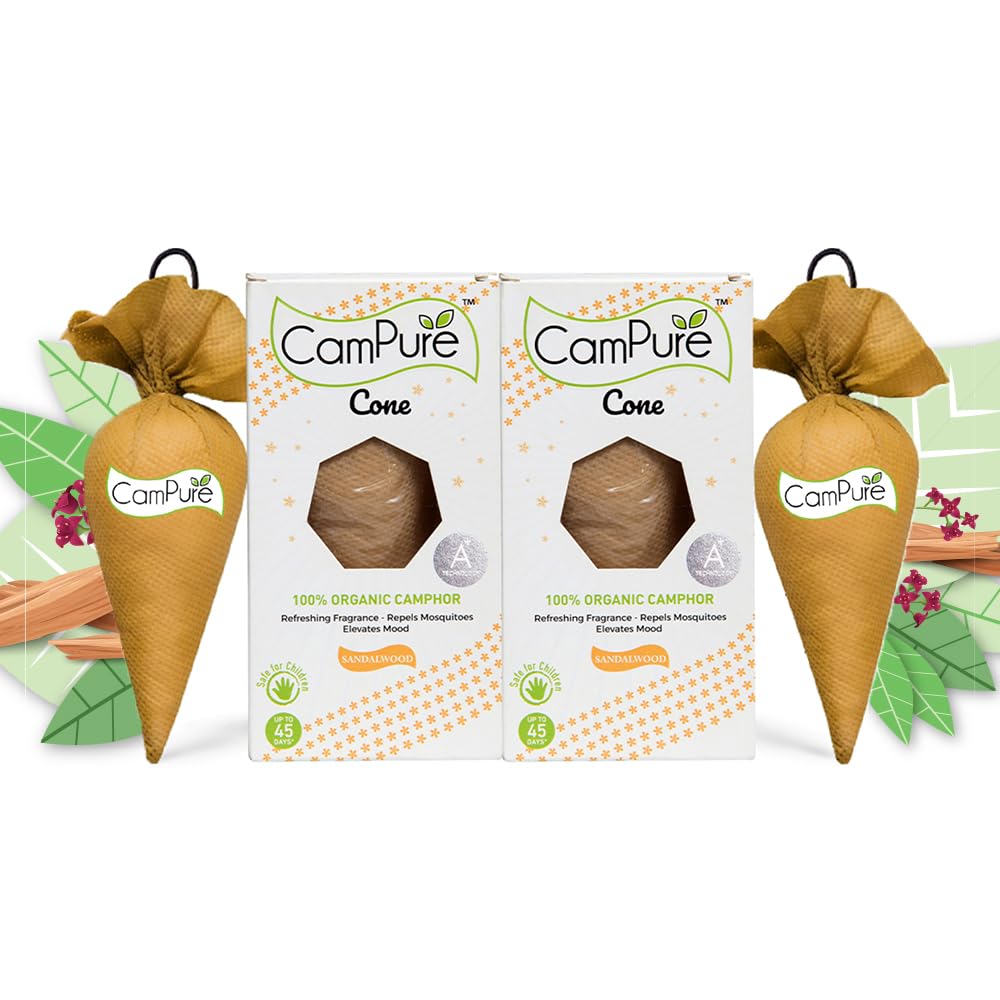 Organic Sandalwood Camphor Cones (Pack of 2) - 100% Natural Air Freshener for Car, Home & Travel | Freshen Closets, Drawers, Office, Bathroom & Luggage | Aromatic Relaxation & Stress Relief