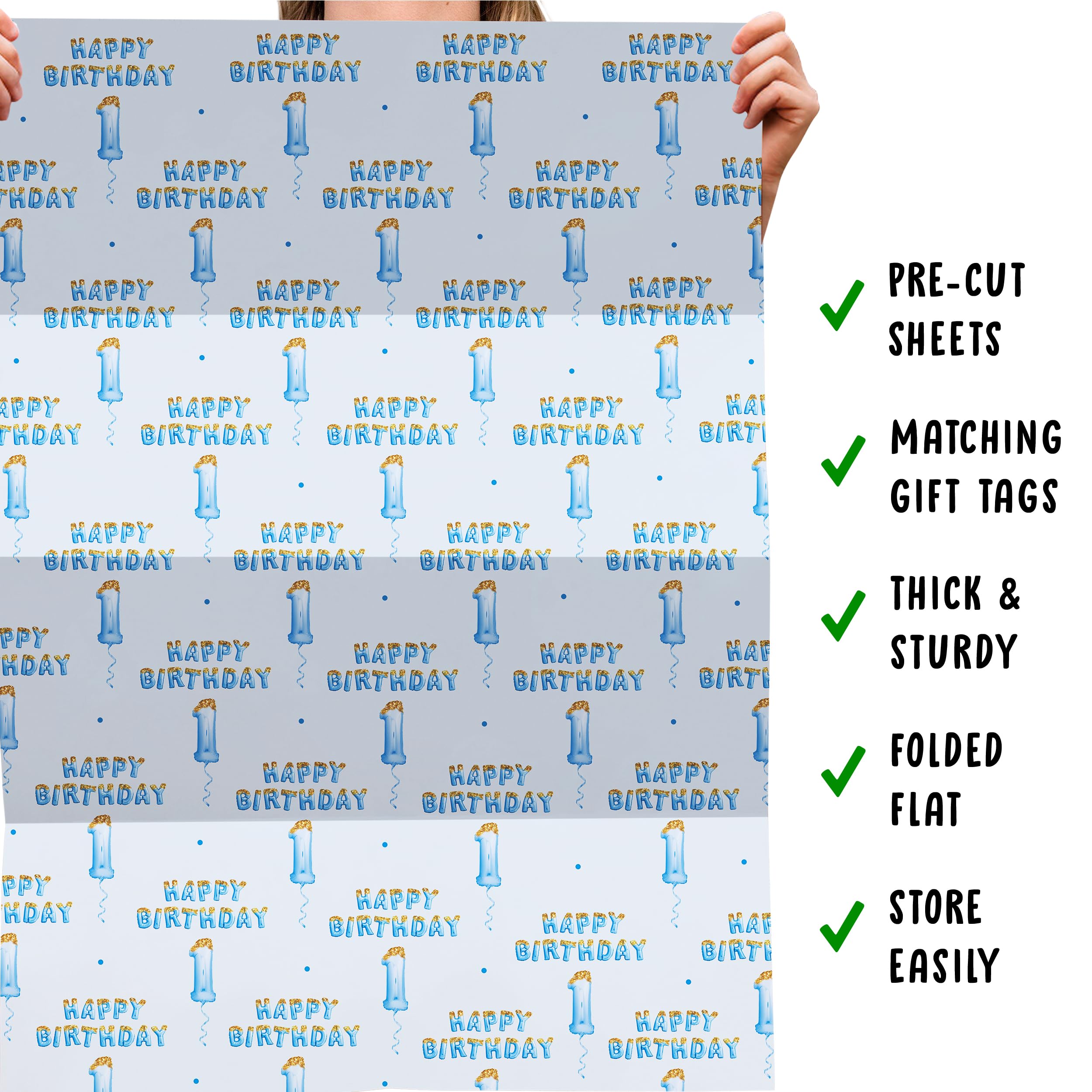 1st Birthday Wrapping Paper for Boys - 6 Sheets Blue Recyclable Gift Wrap with Stickers | Perfect for Baby's First Birthday Parties, Baby Showers & Special Occasions