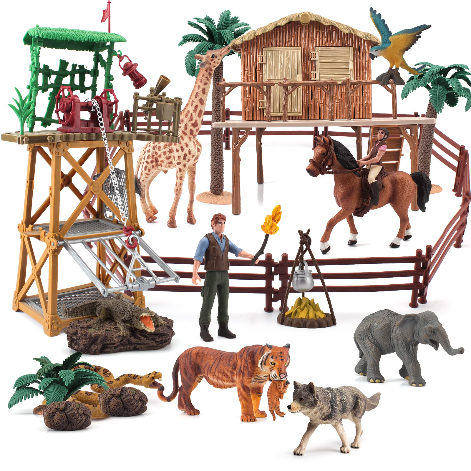 LC JoyCre Jungle Animal Figures Playset - Realistic Wild Animal Toys with Crocodile, Lioness, Cobra, Elephant & More - Perfect for Safari Adventure Play, Hunting Games & Farm House Role Play - Great Educational Gift for Boys & Kids
