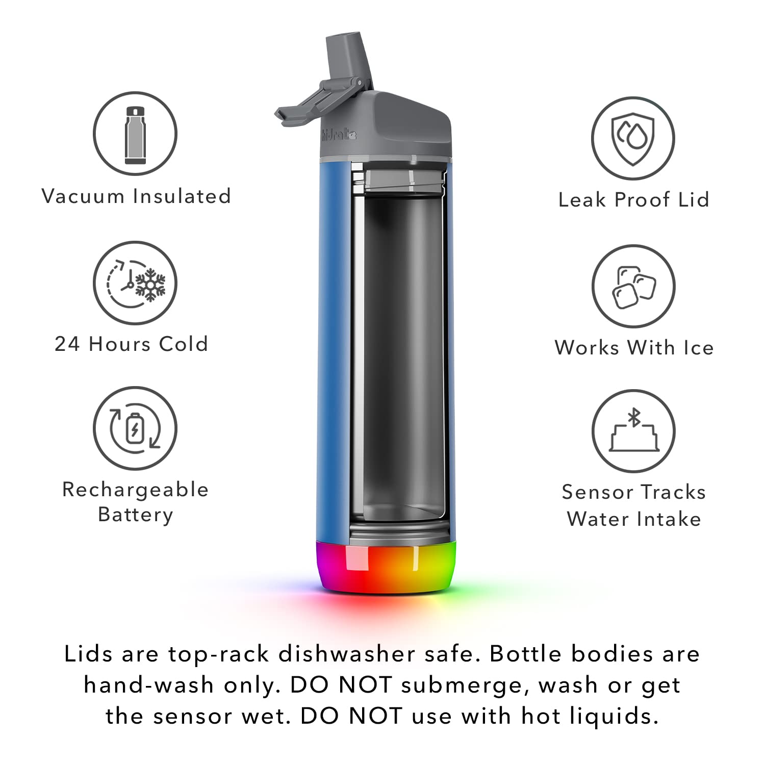 HidrateSpark Steel Smart Water Bottle with Straw - 21oz Deep Blue, Tracks Water Intake & Glows for Hydration Reminders - Perfect for Gym, Office, Hiking & Daily Hydration Tracking