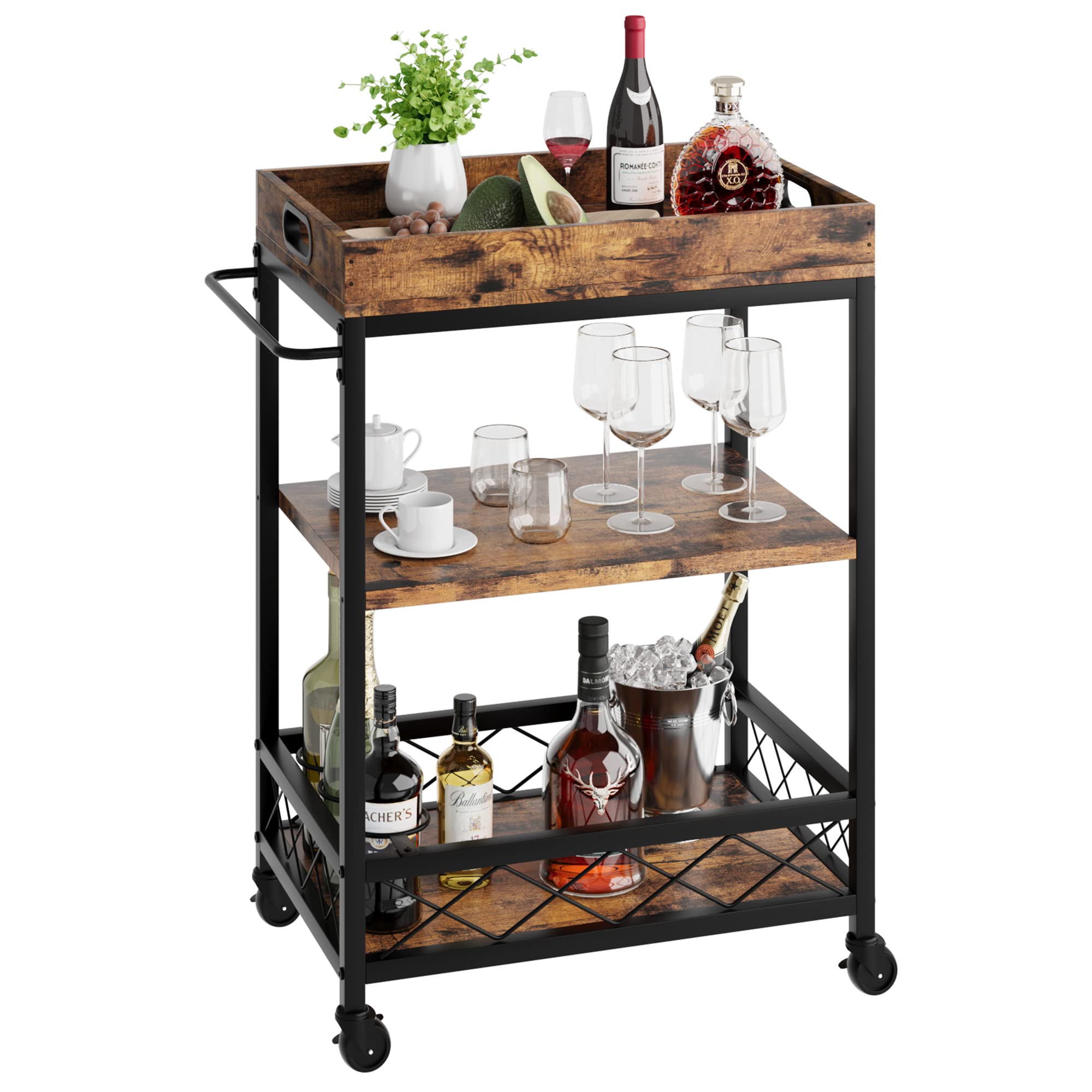 GARVEE 3-Tier Bar Cart with Wine Rack & Locking Wheels - Rustic Wooden Serving Cart with Removable Top Tray - Mobile Beverage Cart for Kitchen, Dining Room, Living Room, Bar or Outdoor Entertaining
