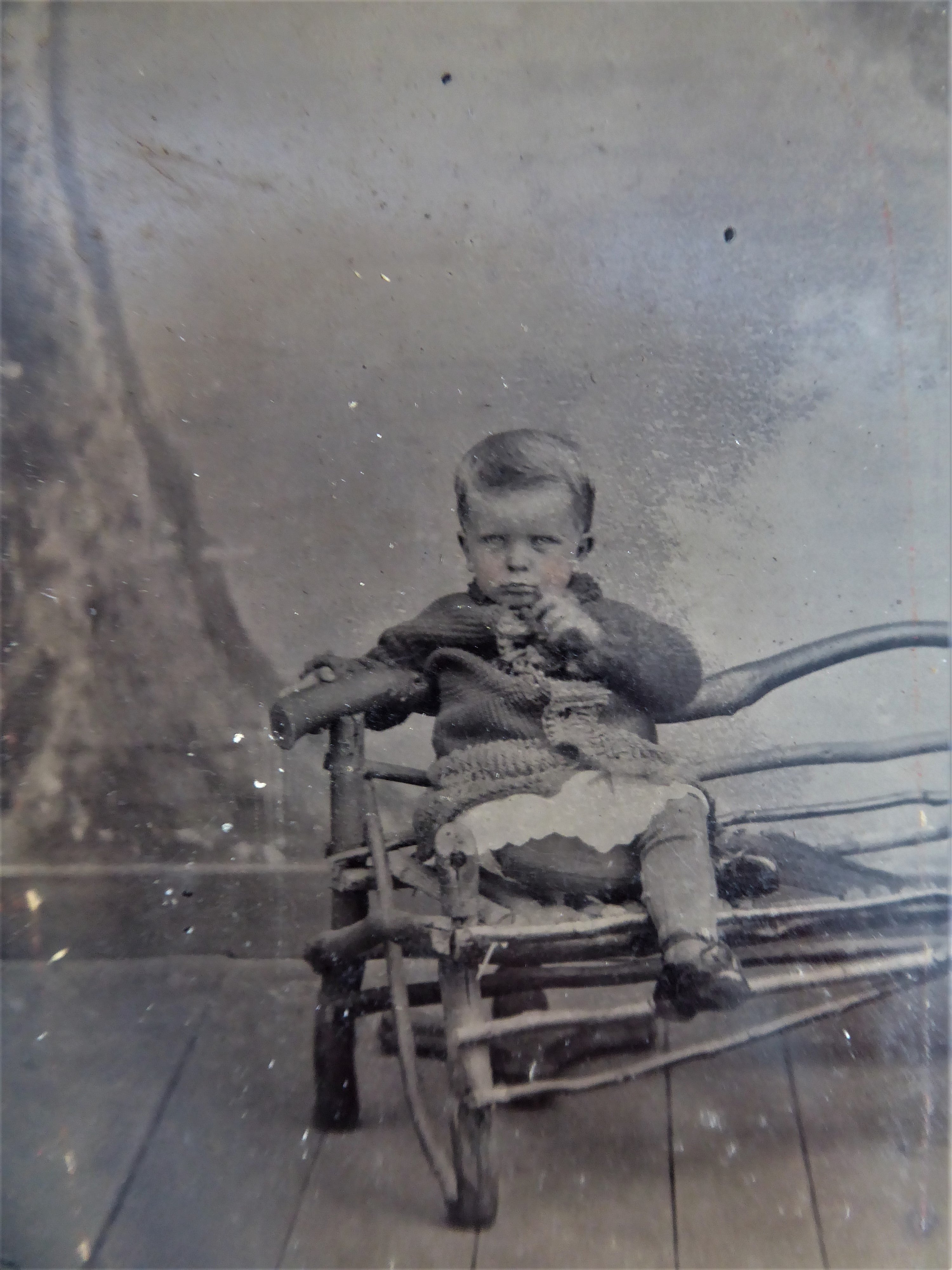 Antique 1880s Mid Victorian Tintype Photo - Frowning Child on Twig Bench, 1/6 Plate | Vintage Photography Collectible for Home Decor, Historical Displays & Victorian Era Enthusiasts