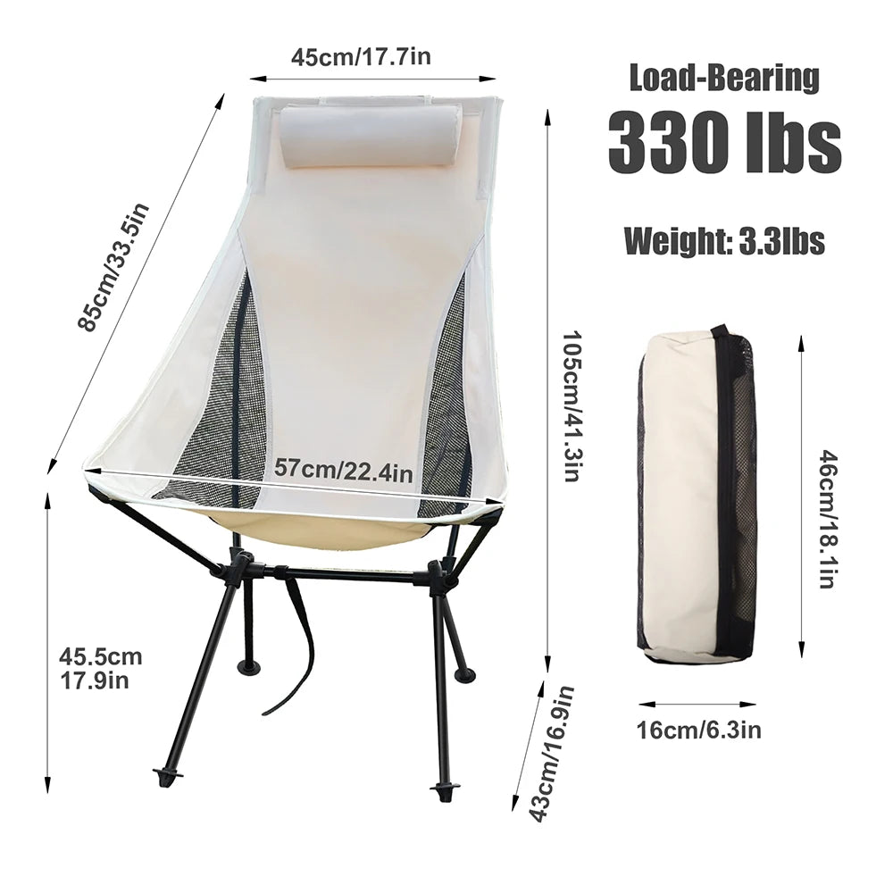Portable Folding Camping Chair with Headrest - Lightweight Heavy Duty Aluminum Alloy Outdoor Chair for Hiking, Beach, Picnic & Backyard Relaxation