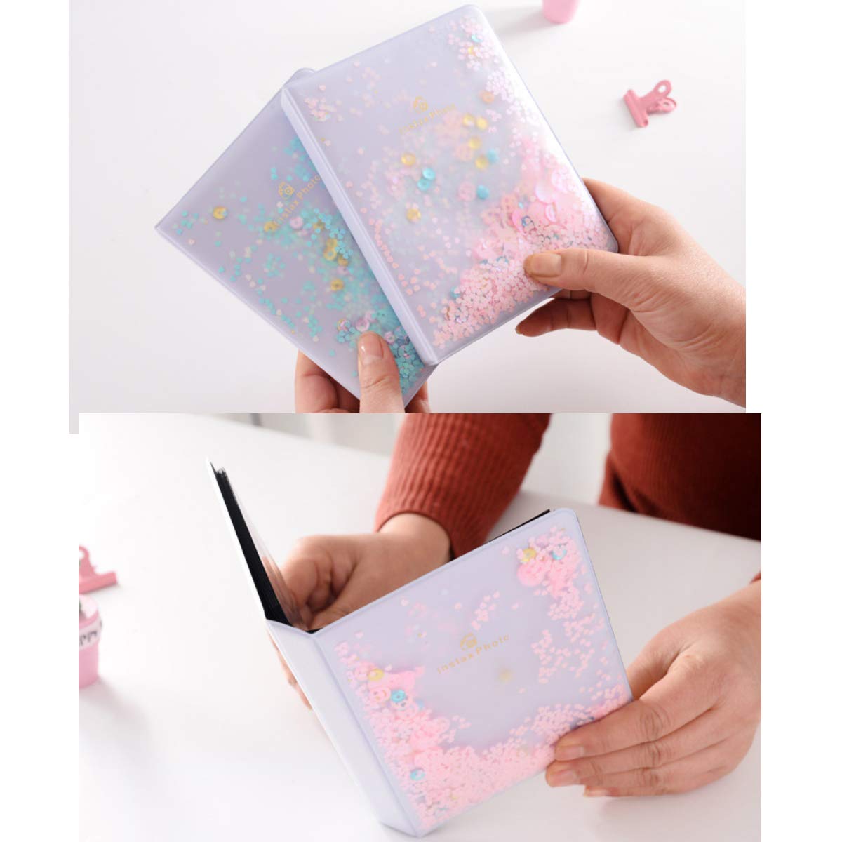 Uniuni Quicksand Rhinestone Photo Album - 32 Pockets Scrapbook for Fujifilm Instax Wide 300/210 Film, 5 Inch Pictures, Love Smile Face & Seashell Design, Name Card Holder (Pink) - Perfect for Wedding, Baby Shower & Party Memories
