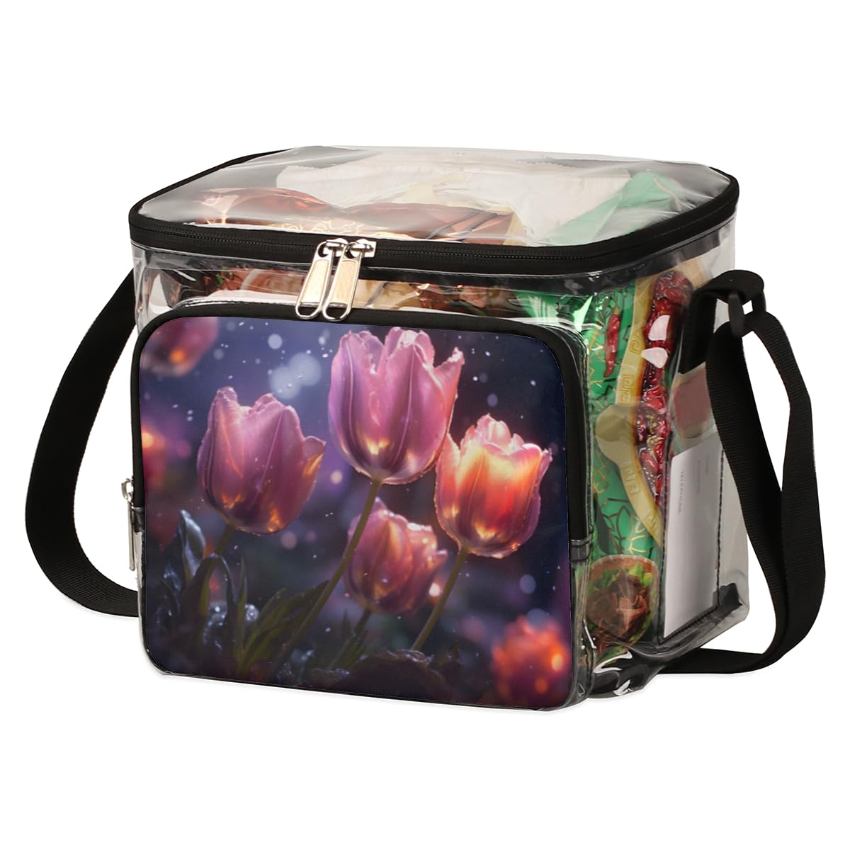 GzLeyigou Red Tulips Clear Tote Bag with Handles - Transparent Crossbody Shoulder Bag for Women, Lunch Bag for Outdoor, Travel, Picnic, Concerts & Sports Events (Stadium Approved) - Perfect for Beach, Shopping, Gym & Music Festivals