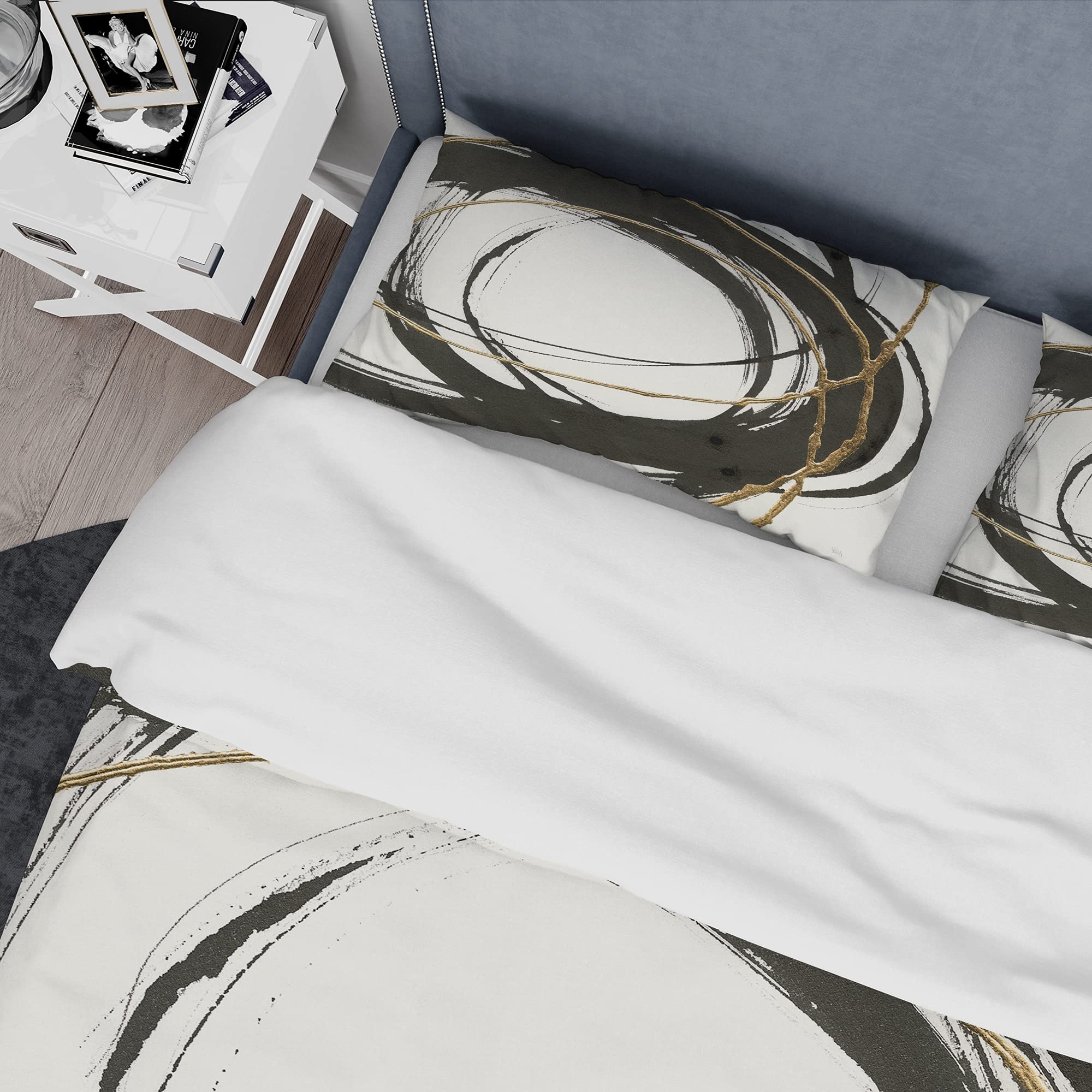 DesignQ Gold Glamour Circle III Modern Duvet Cover Set - King Size Black Abstract Bedding 3-Piece Set | All Season Contemporary Luxury Bedding for Master Bedroom & Guest Room Decor