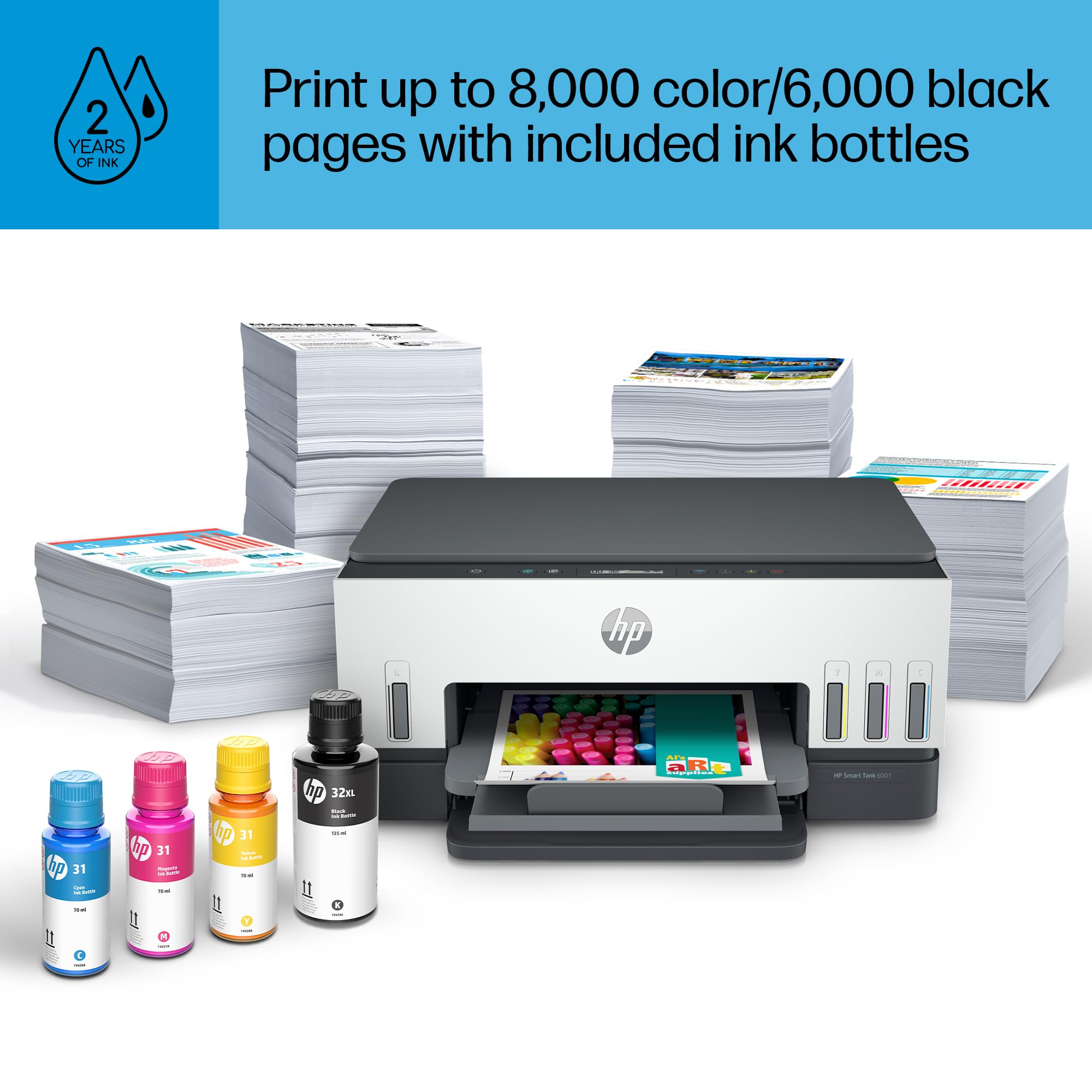 HP Smart-Tank 6001 Wireless All-in-One Ink Tank Printer - Cartridge-Free with 2 Years of Ink, Mobile Print/Scan/Copy (2H0B9A) - Perfect for Home Office & Small Business Printing Needs