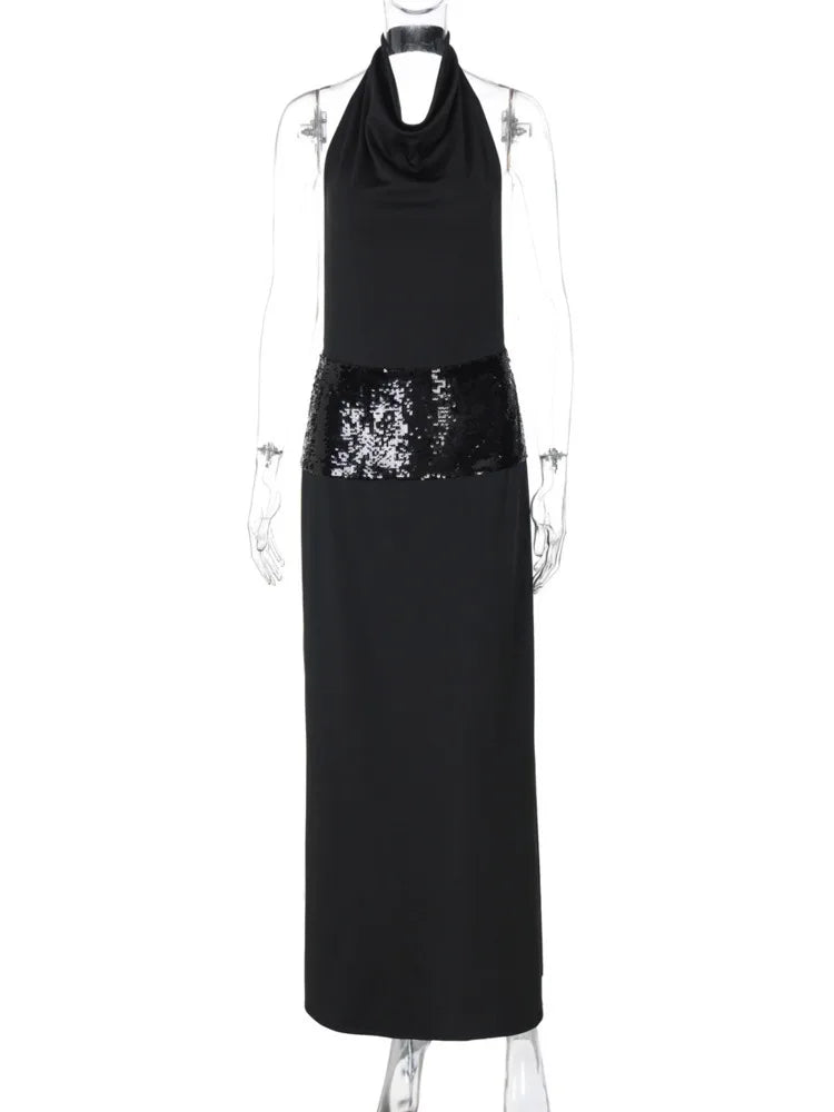 Black Halter Backless Sexy Maxi Dress for Women - Elegant Glitter High Waist O-Neck Sleeveless Long Gown | Perfect for Evening Parties, Prom, Date Night & Special Occasions